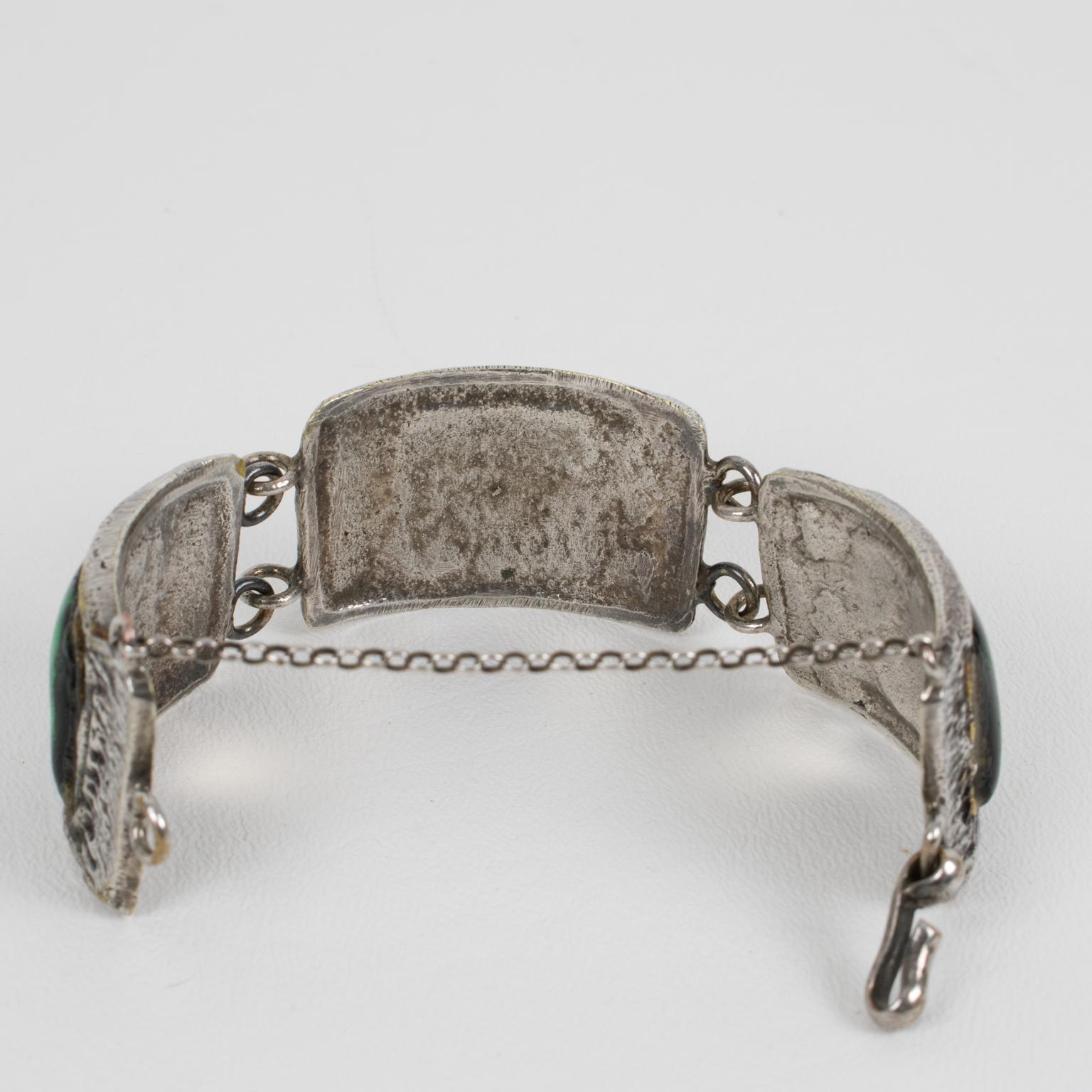 Women's or Men's Willy Silvered Bronze and Green Enamel Link Bracelet, France c.1950 For Sale