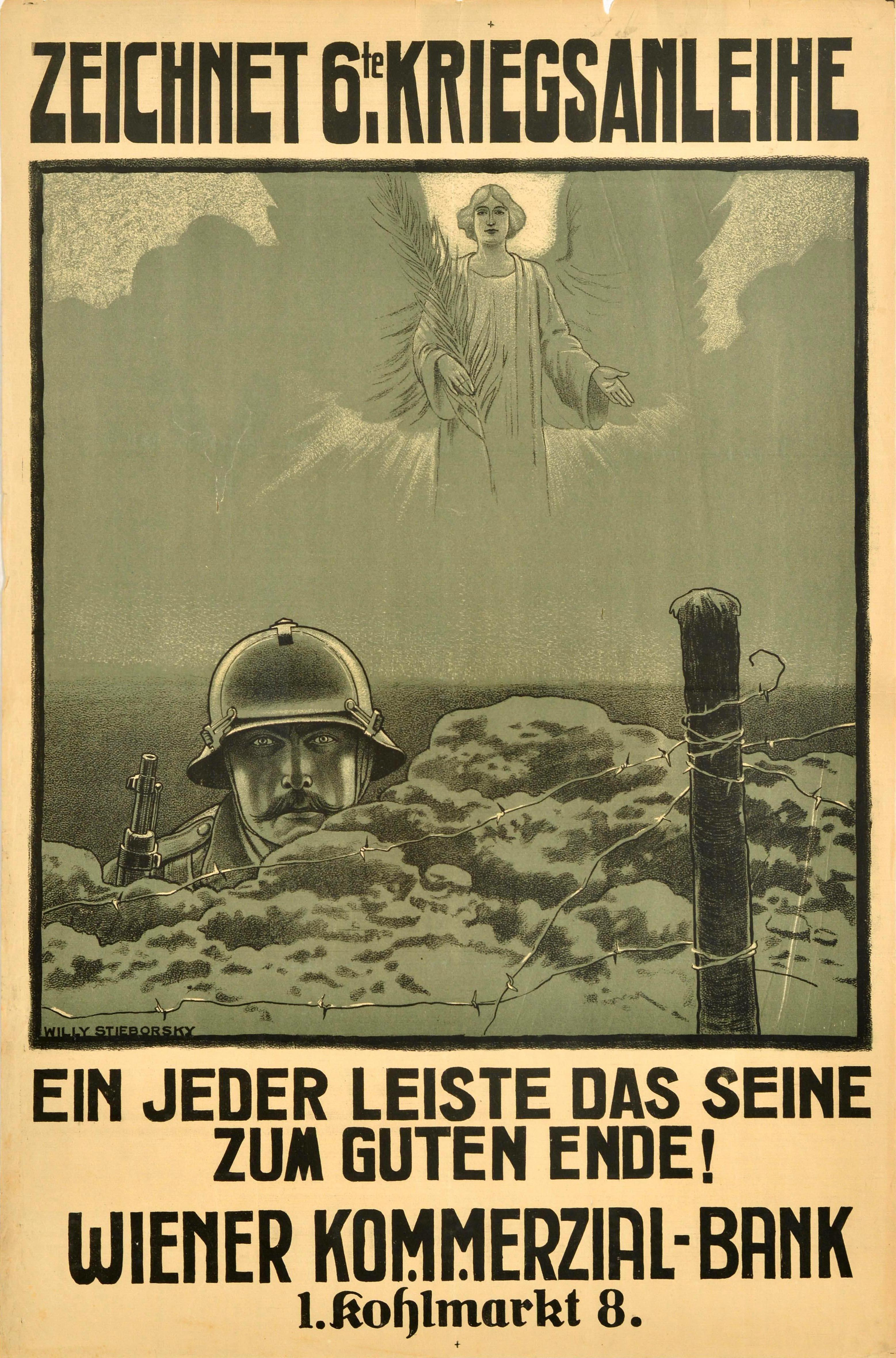 Willy Stieborsky Print - Original Vintage War Poster Subscribe 6th War Bond WWI Vienna Commercial Bank