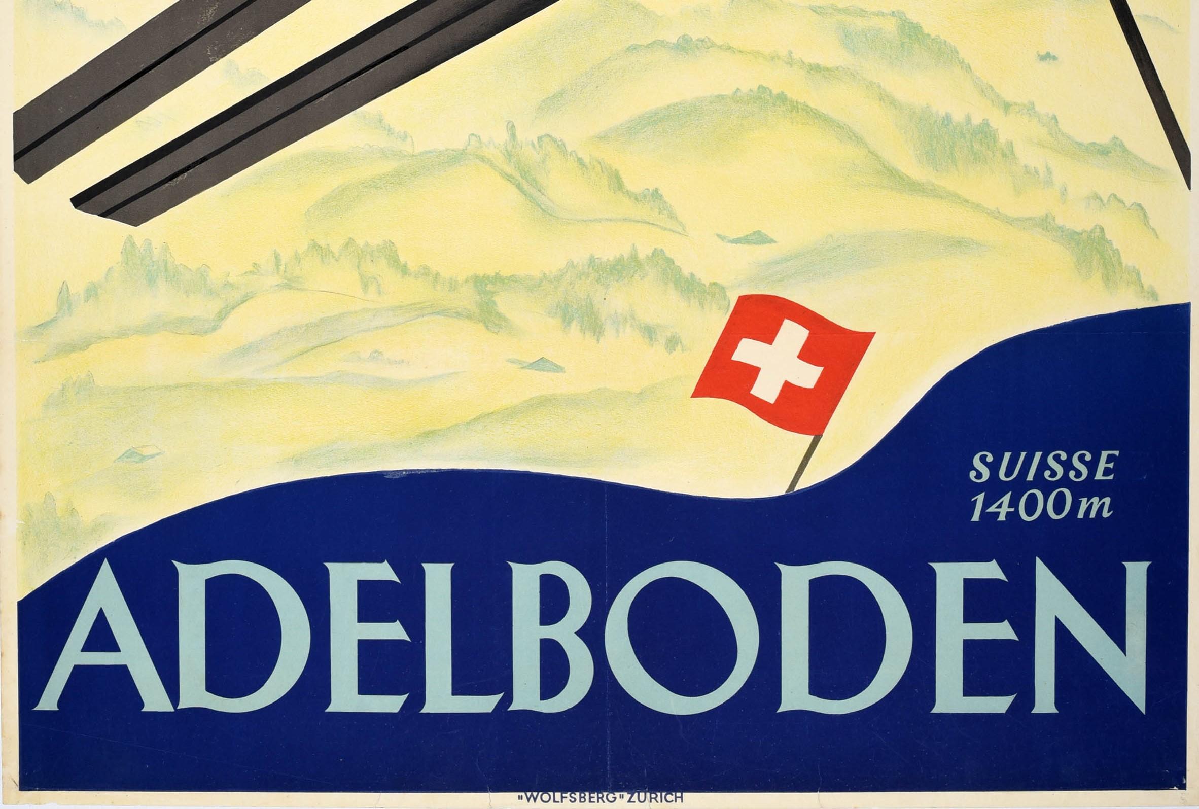Poster originale d'epoca sullo sci svizzero Adelboden Svizzera Salto con gli sci Sport Invernali - Print Giallo di Willy Trapp