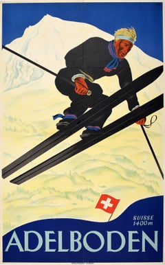 Original Antique Swiss Skiing Poster Adelboden Switzerland Ski Jump Winter Sport