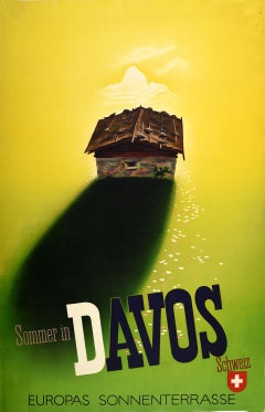 Affiche rétro originale de voyage, Été à Davos en Suisse, Terrace du soleil, Europe