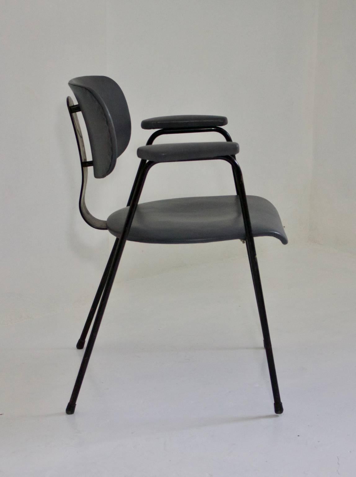 Mid-Century Modern Willy Van Der Meeren Black Metal Chair Upholstered in Grey Leather Belgium 1950s