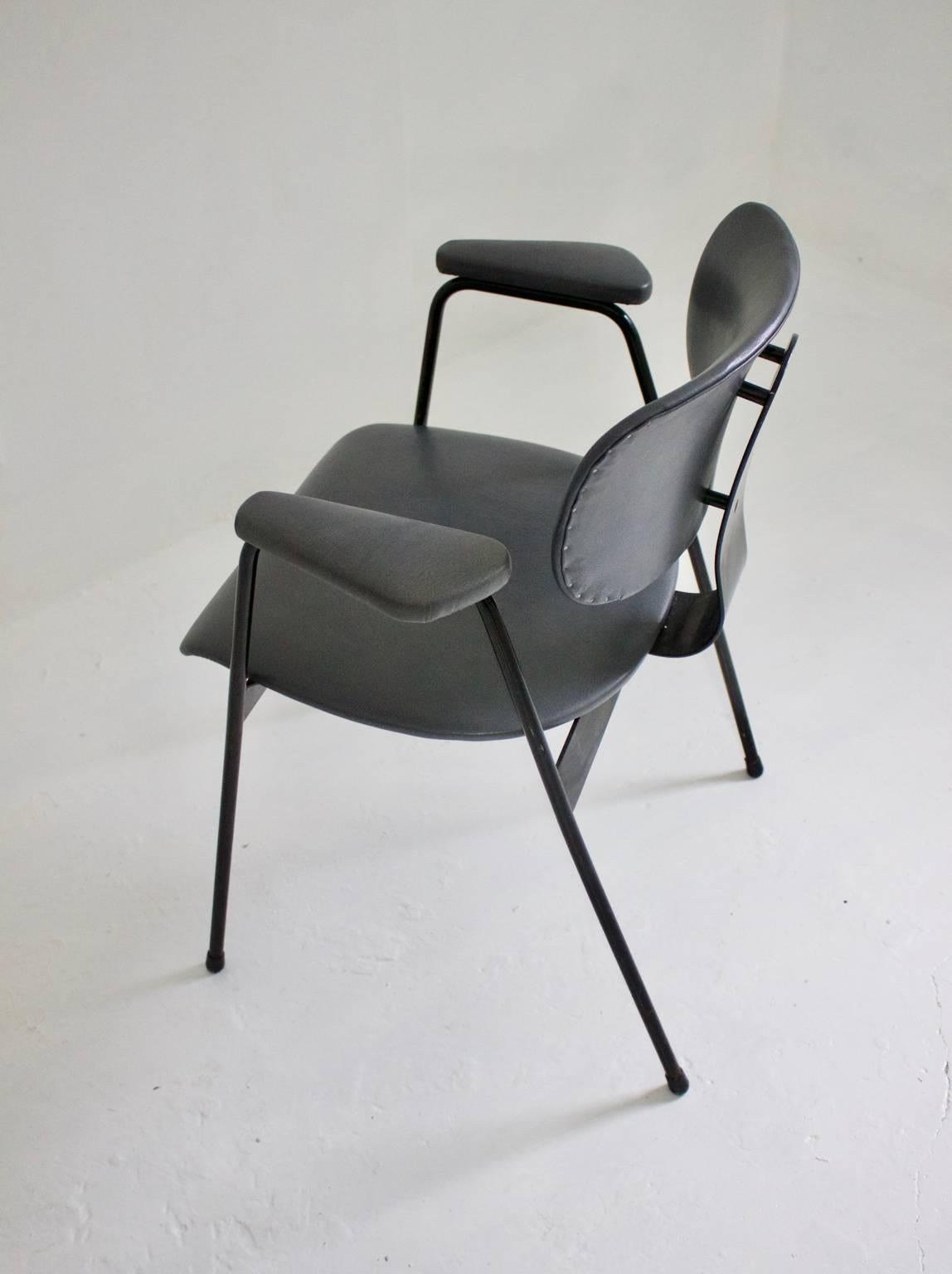 Belgian Willy Van Der Meeren Black Metal Chair Upholstered in Grey Leather Belgium 1950s