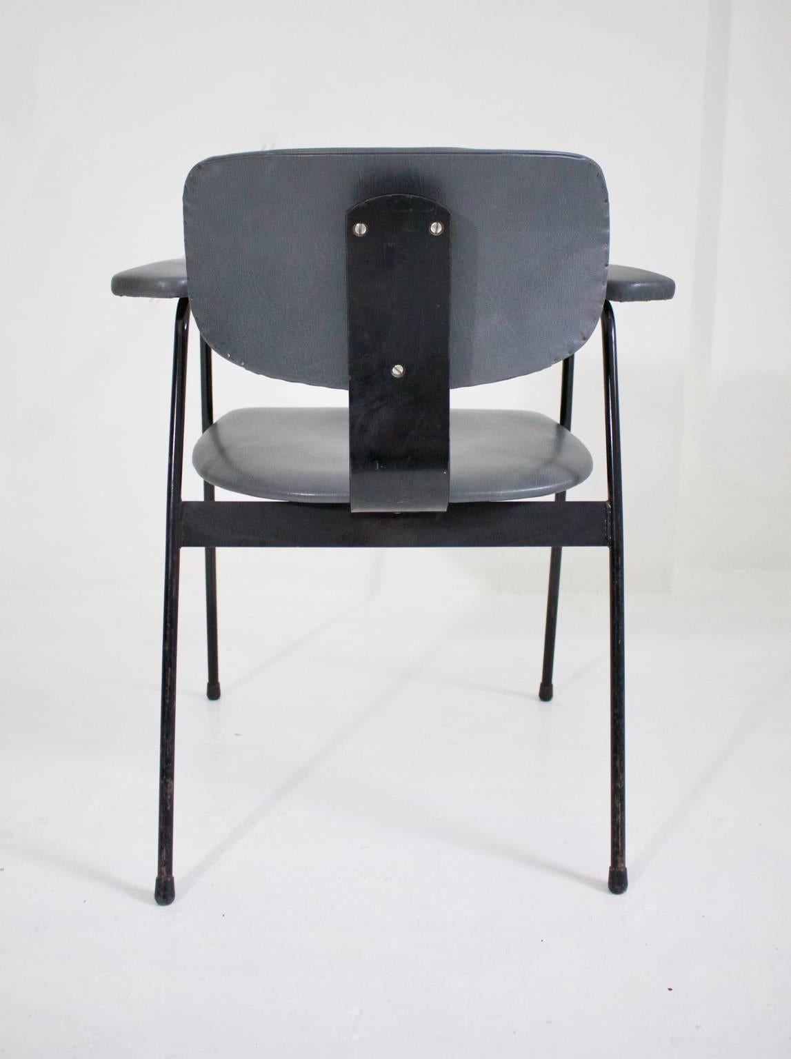 Willy Van Der Meeren Black Metal Chair Upholstered in Grey Leather Belgium 1950s In Good Condition In London, GB