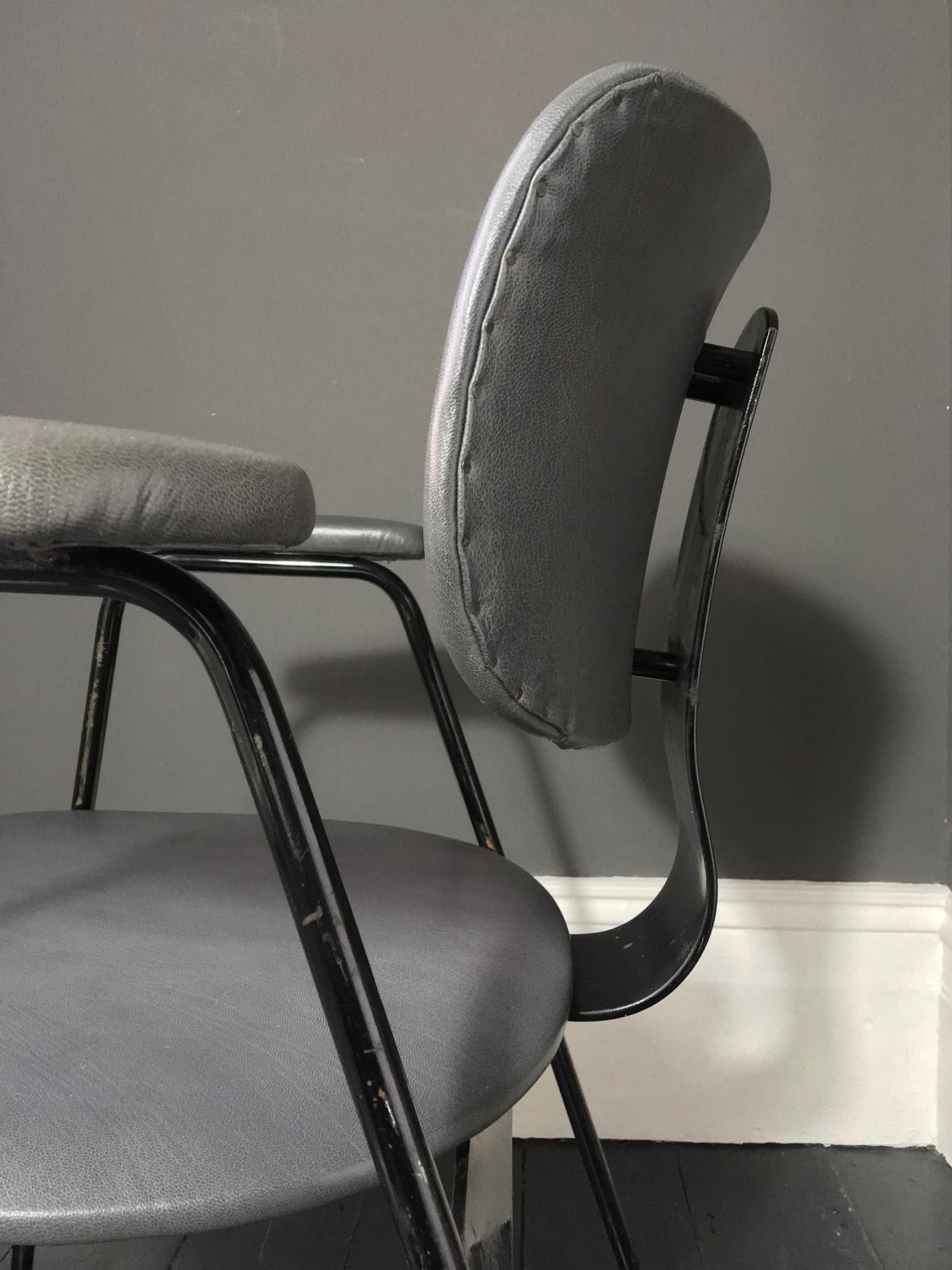 20th Century Willy Van Der Meeren Black Metal Chair Upholstered in Grey Leather Belgium 1950s