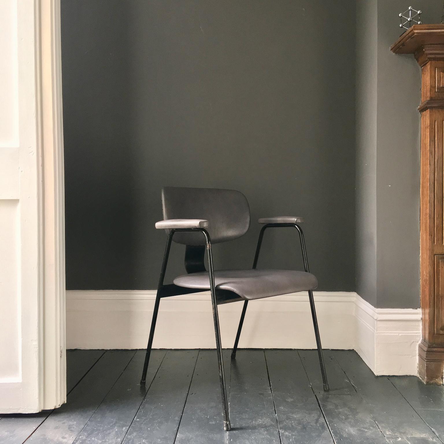 Steel Willy Van Der Meeren Black Metal Chair Upholstered in Grey Leather Belgium 1950s