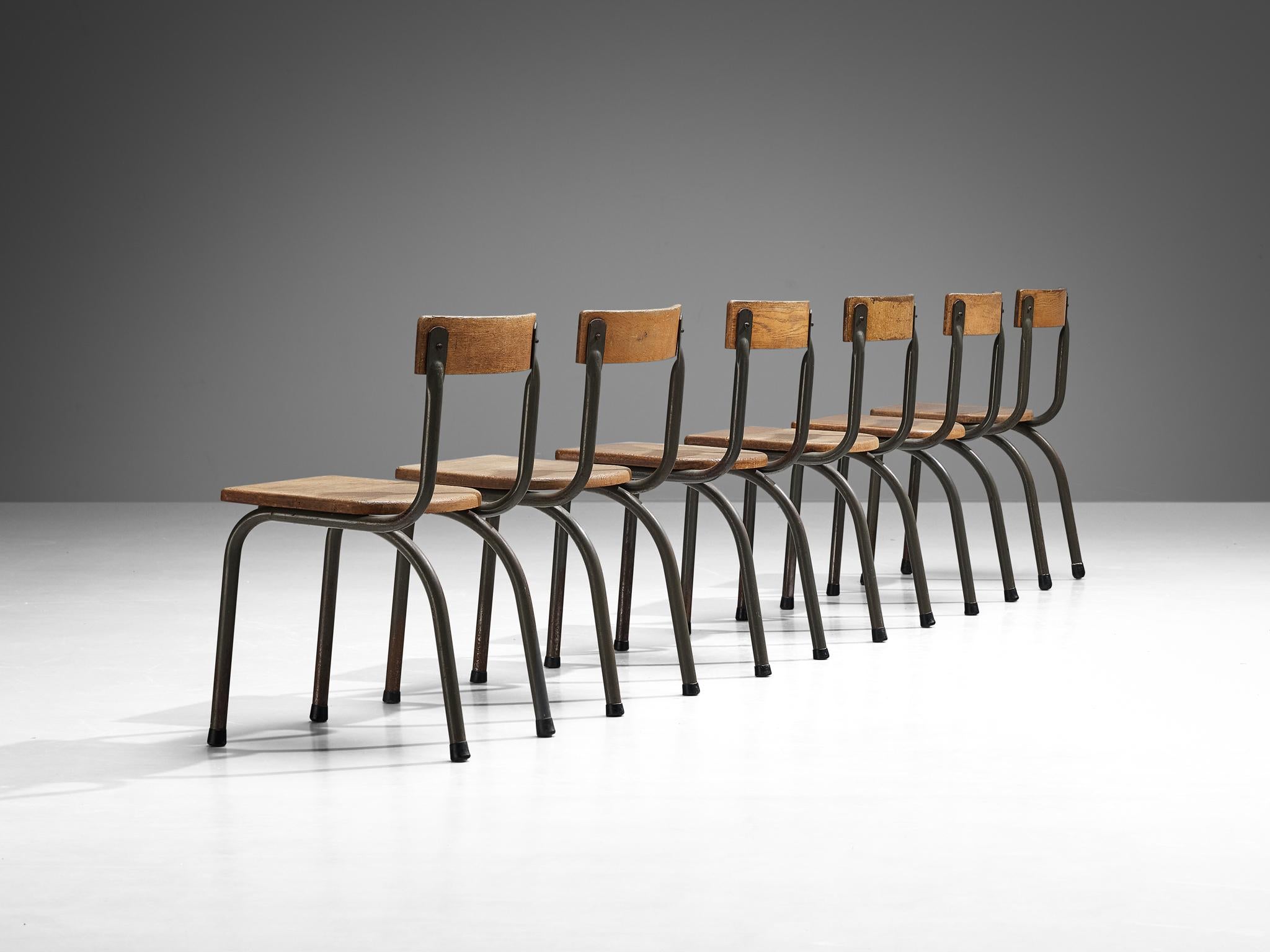 Belgian Willy Van Der Meeren for Tubax Set of Six Chairs in Solid Oak