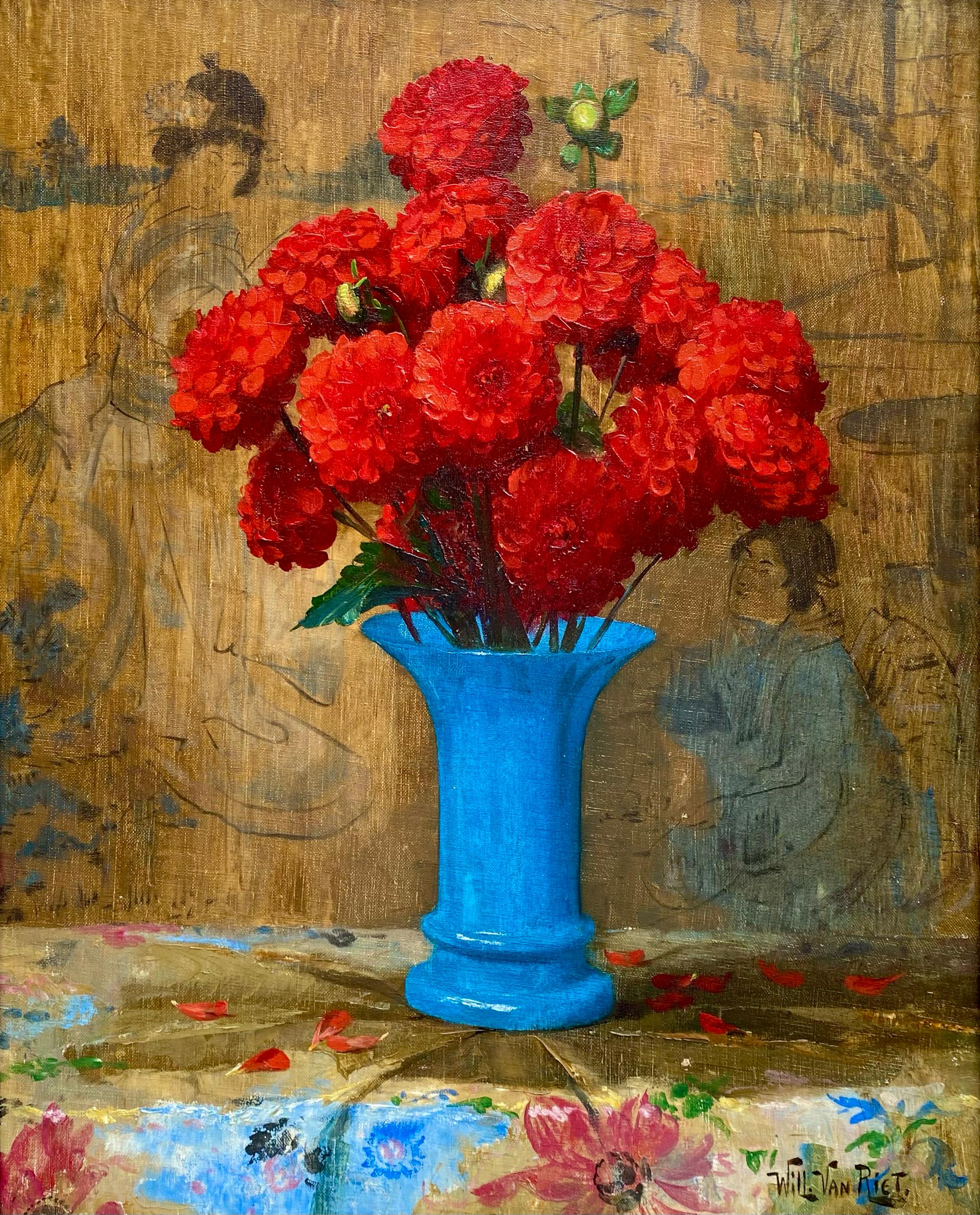 'Red Flowers in an Oriental Interior' by Willy Van Riet (1882 - Antwerp - 1927) - Painting by WILLY VAN RIET