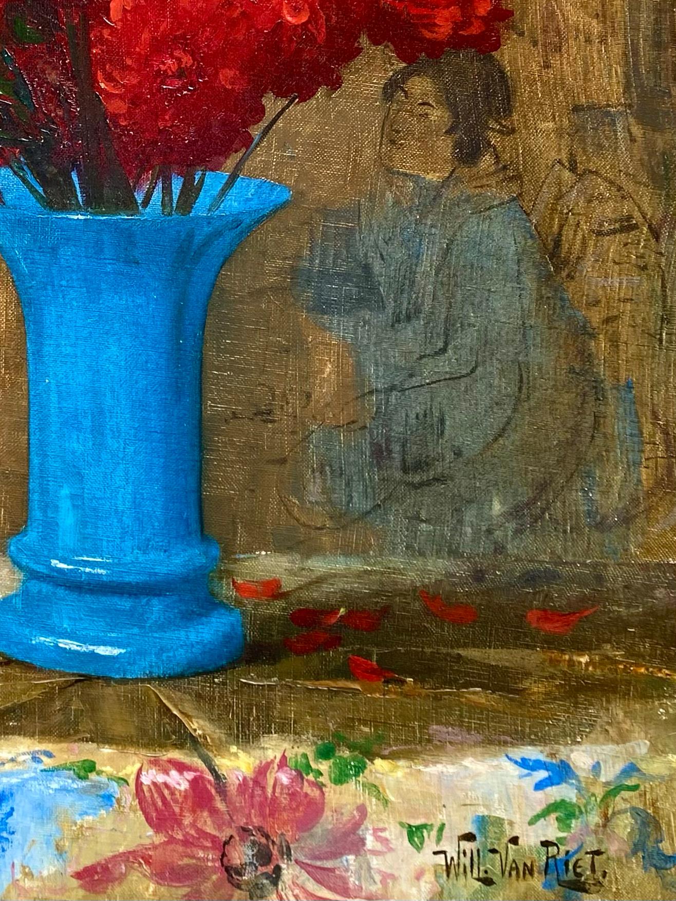 'Red Flowers in an Oriental Interior' by Willy Van Riet (1882 - Antwerp - 1927) - Realist Painting by WILLY VAN RIET