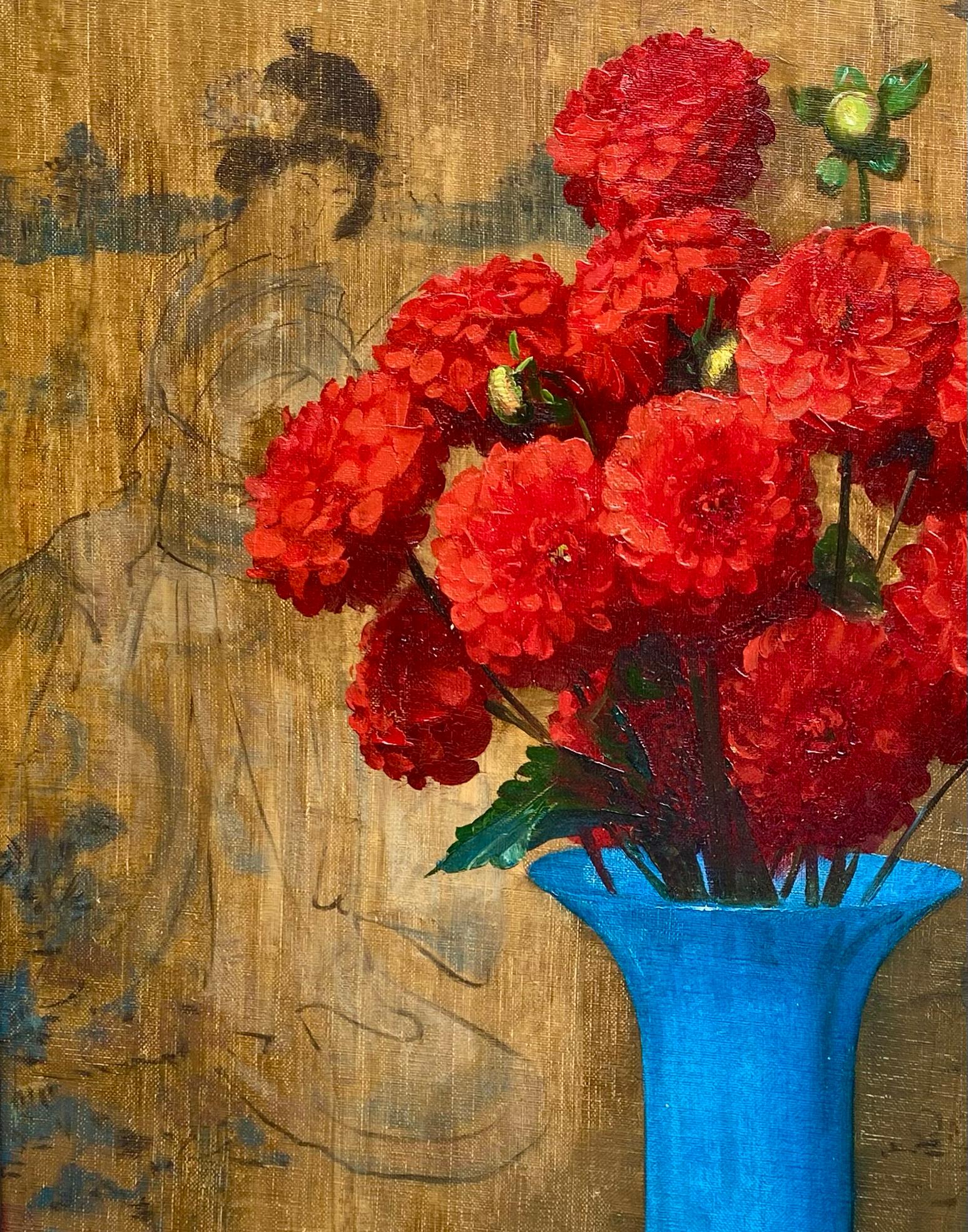 'Red Flowers in an Oriental Interior' by Willy Van Riet (1882 - Antwerp - 1927) 2