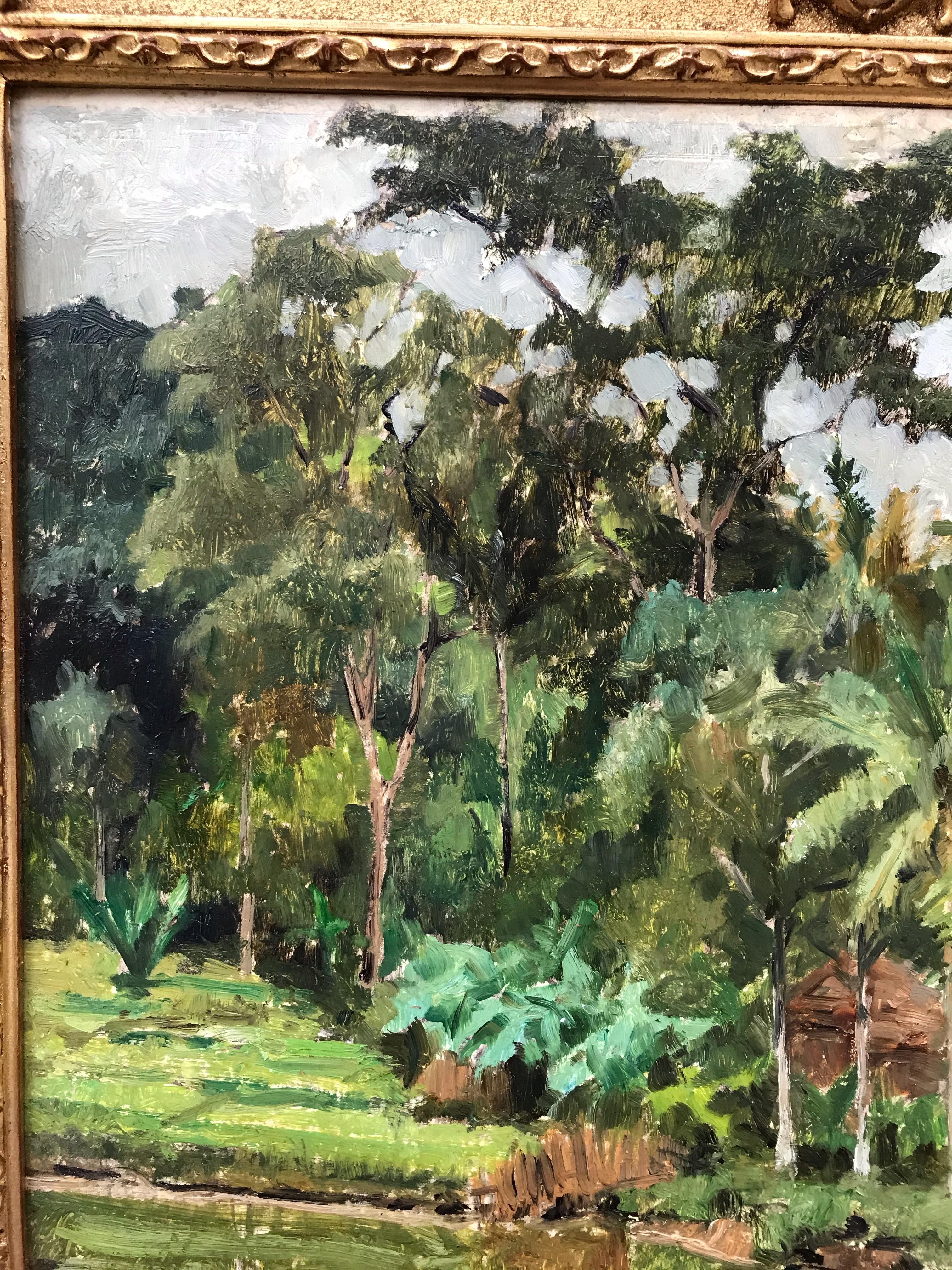VON PLESSEN Willy (1868-1937)
Jungla junto al río - Probablemente de antiguas colonias alemanas en África
Óleo sobre madera firmado abajo a la izquierda
Marco dorado con hojas de oro
Dim lienzo : 62 X 50 cm
Dim marco : 80 X 70 cm

VON PLESSEN Willy