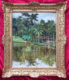 Antique Jungle by the River - Original Old painting  