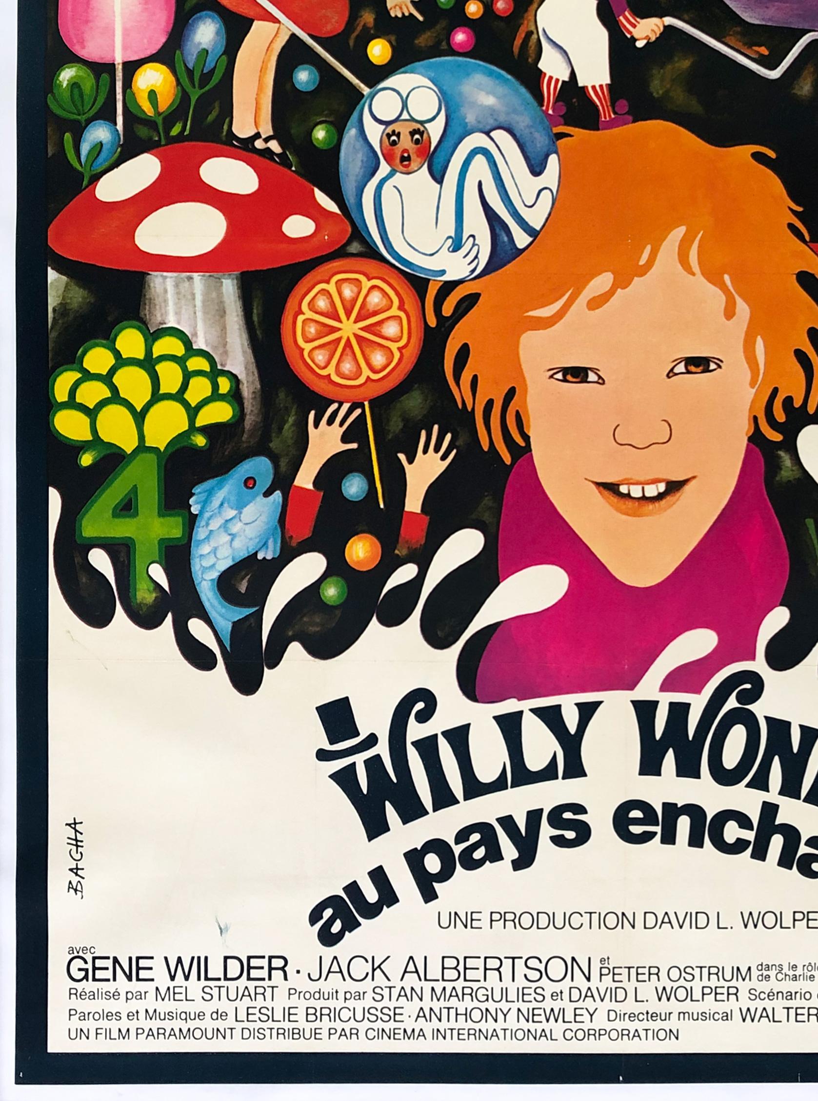 Suitably surreal, colorful and fun artwork features on the original French film poster for 1970s firm favourite Willy Wonka and the Chocolate Factory. Certainly our preferred version for the title, almost good enough to eat!

This original vintage