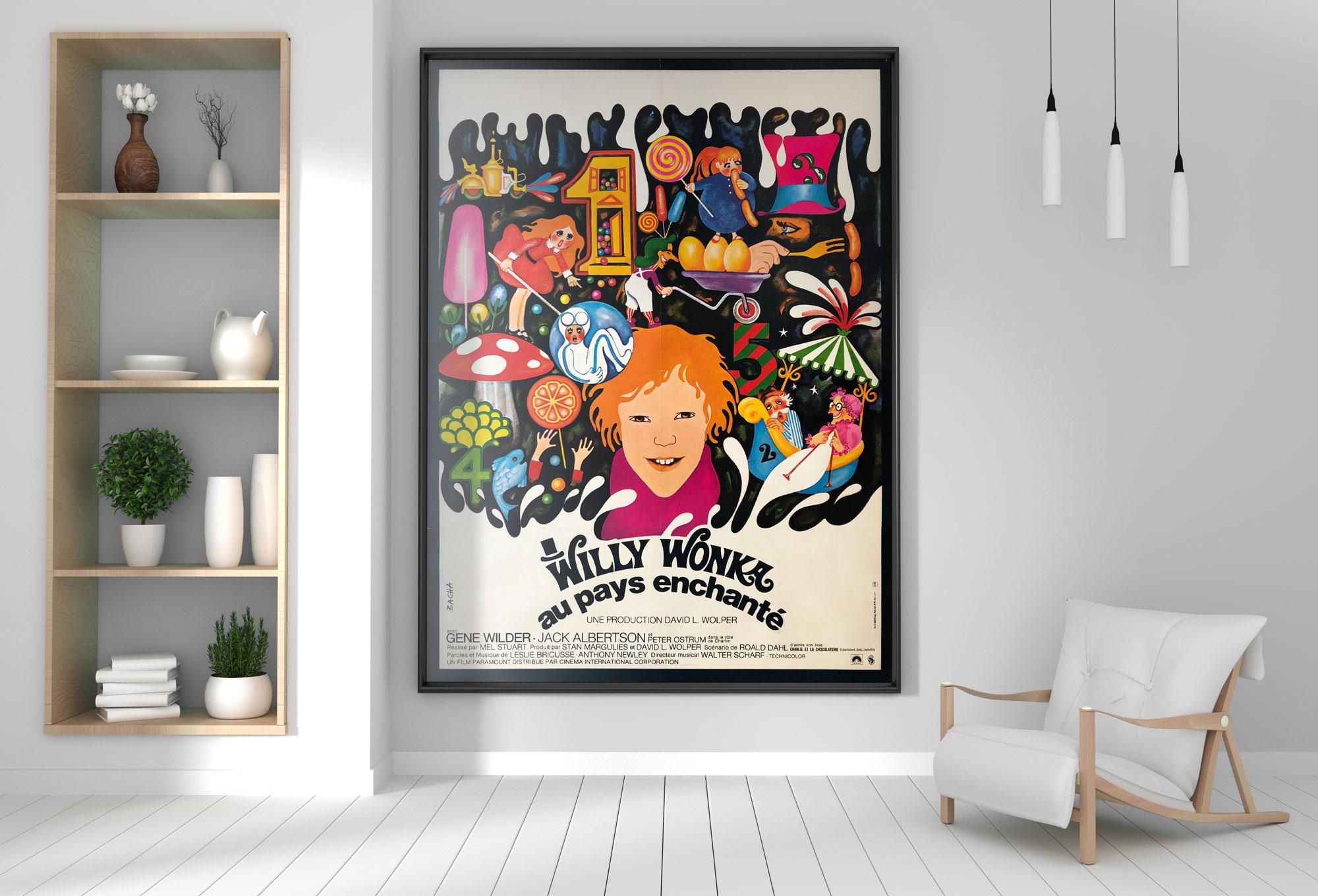 Suitably surreal, colorful and fun artwork features on the original French film poster for 1970s firm favourite Willy Wonka and the Chocolate Factory. Certainly our preferred version for the title, almost good enough to eat!

This original vintage