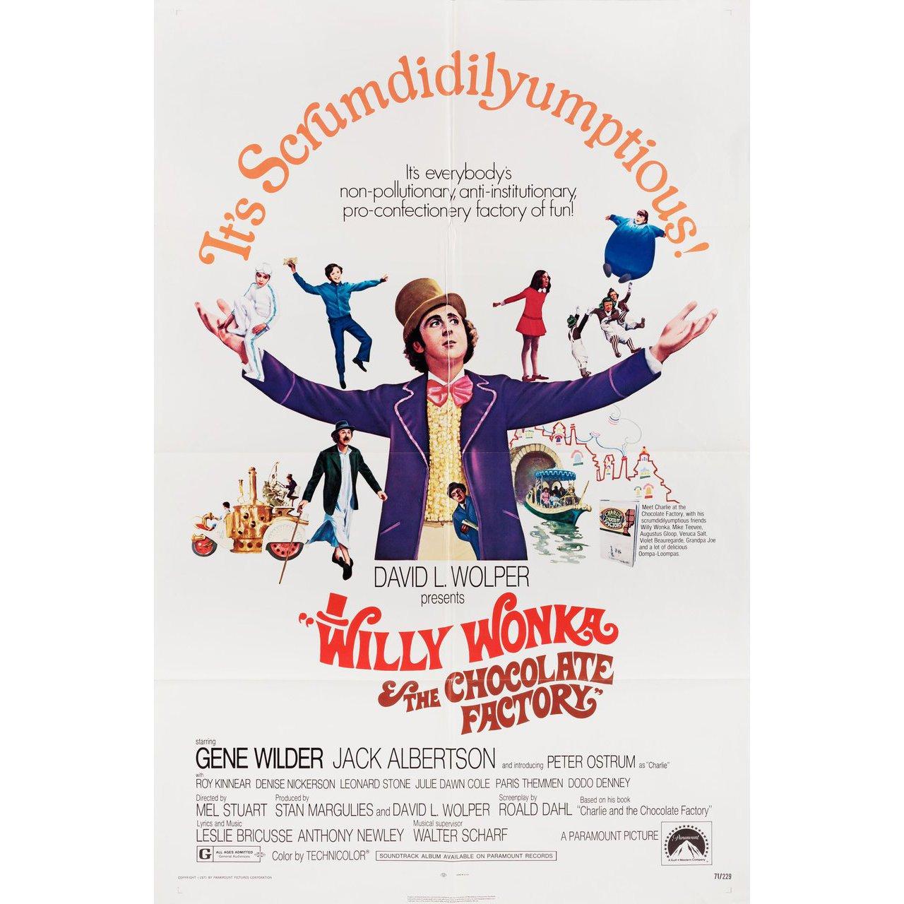 Affiche américaine originale de 1971 pour le film Willy Wonka et la chocolaterie réalisé par Mel Stuart avec Gene Wilder / Jack Albertson / Peter Ostrum / Roy Kinnear. Très bon état, plié. De nombreuses affiches originales ont été publiées pliées ou