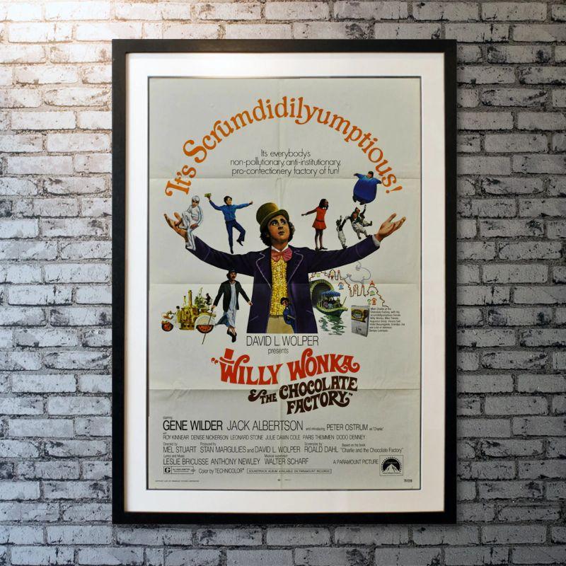 Willy Wonka & the Chocolate Factory, unframed poster, 1971

Original one sheet (27 X 41 inches). A poor but hopeful boy seeks one of the five coveted golden tickets that will send him on a tour of Willy Wonka's mysterious chocolate