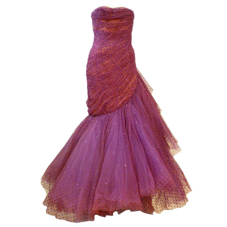 Wilma 1950s Couture Silk Tulle Gown w/ Sweeping Ruffle