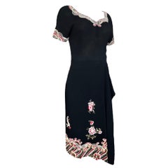 Wilma Exceptional Beaded Black Crepe Wrap Skirt Dress, 1940s