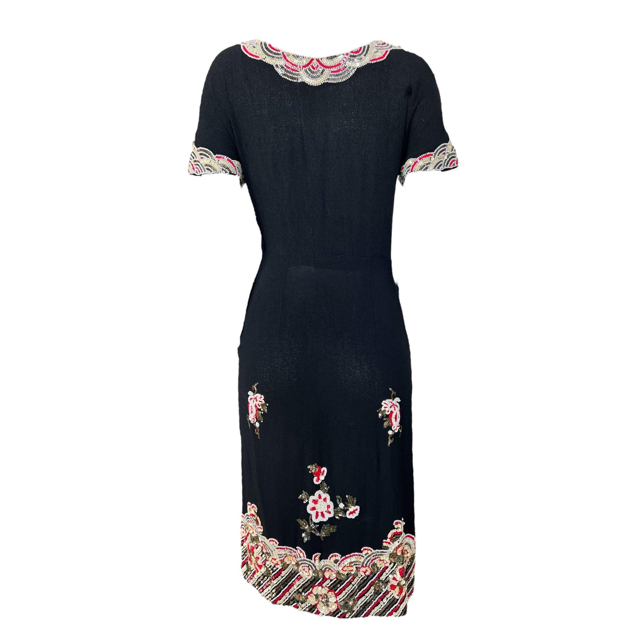 Wilma Exceptional Beaded Black Crepe Wrap Skirt Dress, 1940s In Excellent Condition For Sale In Los Angeles, CA