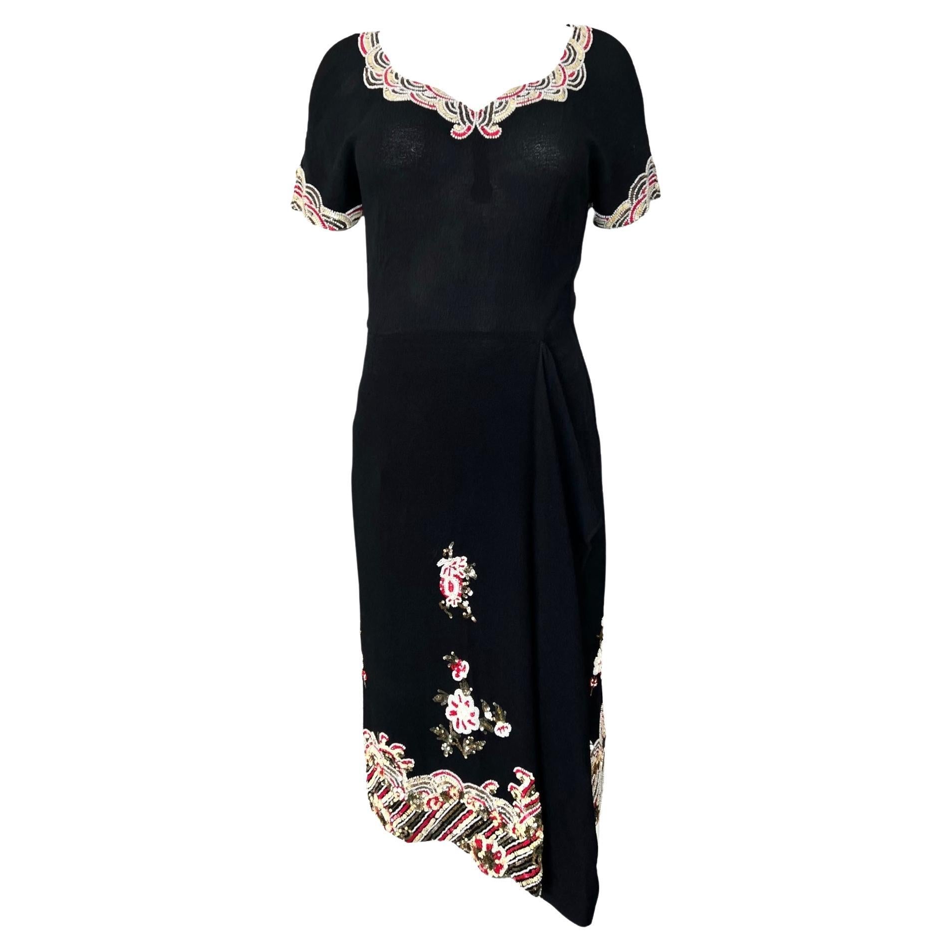 Wilma Exceptional Beaded Black Crepe Wrap Skirt Dress, 1940s For Sale