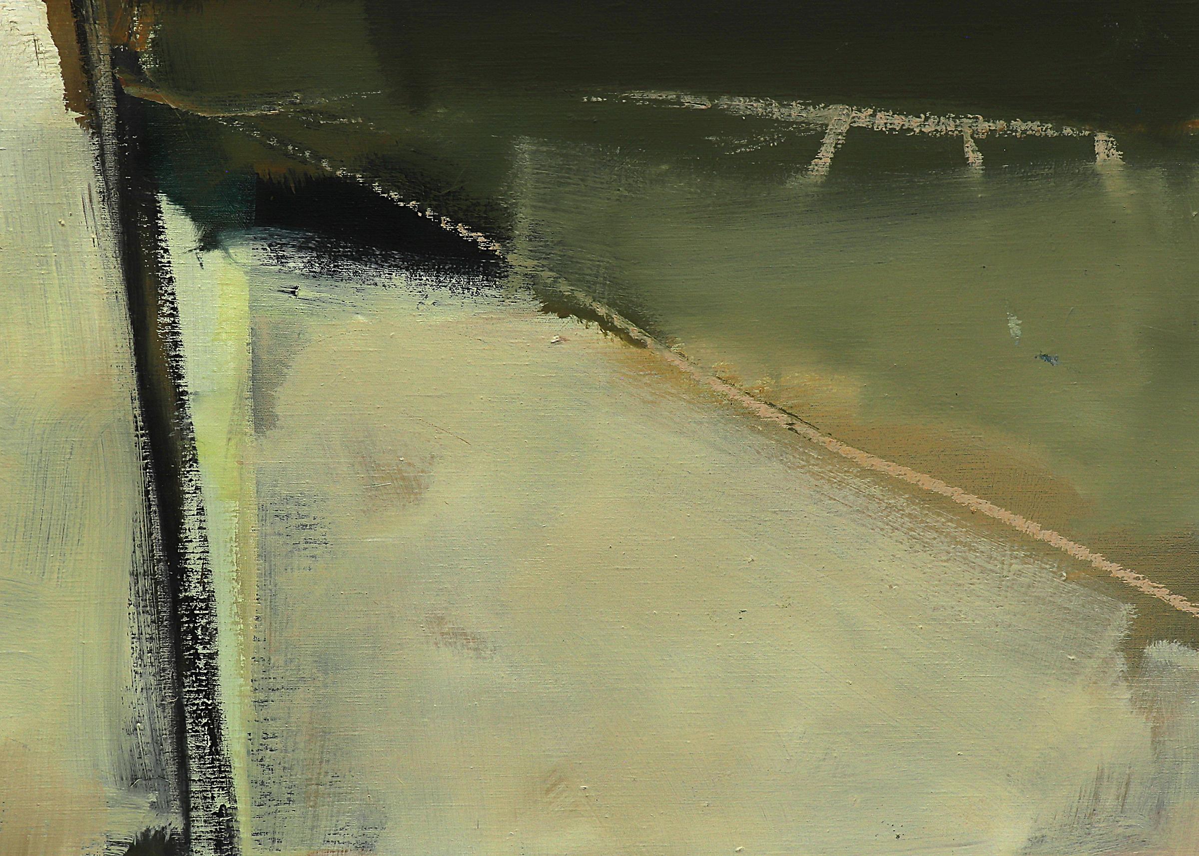 Abstraktes Original-Ölgemälde von Wilma Fiori (1929-2019) aus dem Jahr 1994. Verso vom Künstler signiert und datiert. Großformatiges abstraktes Gemälde im Querformat in Grün-, Gold-, Grau- und Blautönen mit einem Hauch von Rot und Schwarz.