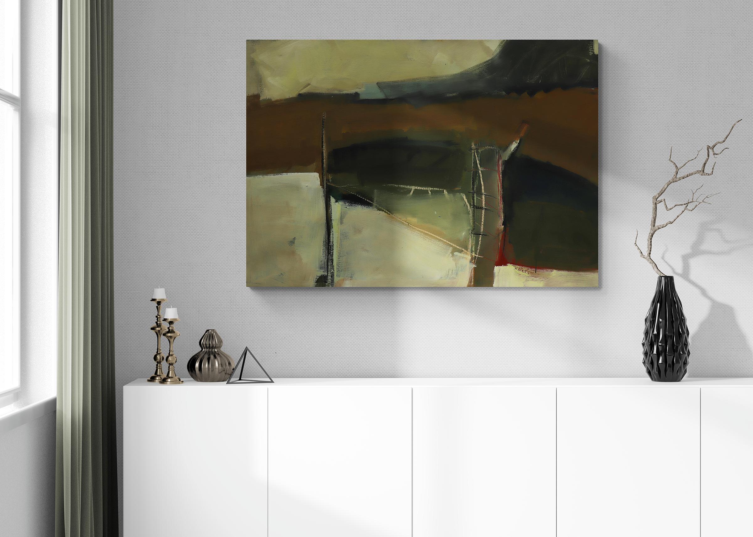 1990er Jahre Brown, Gold, Grün Abstraktes Ölgemälde, Großes Format Horizontales Gemälde im Angebot 5