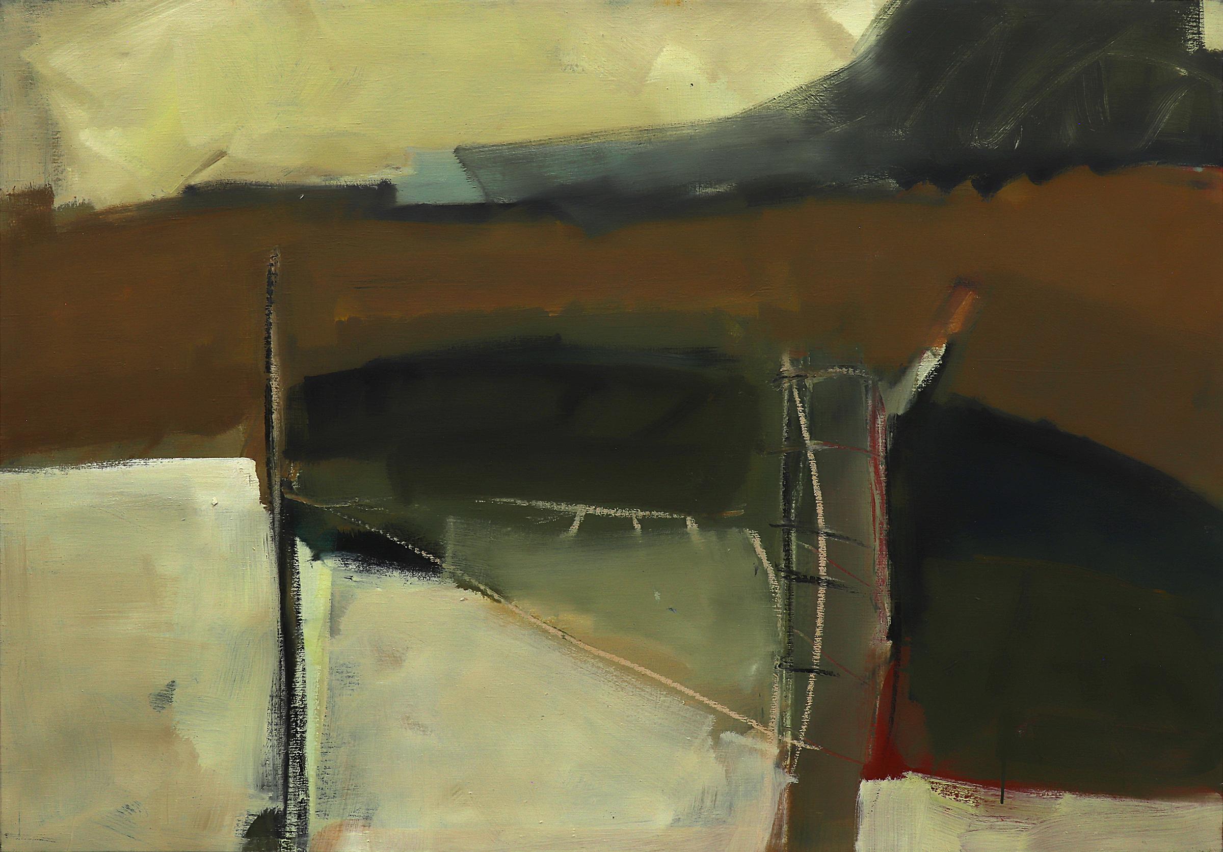 1990er Jahre Brown, Gold, Grün Abstraktes Ölgemälde, Großes Format Horizontales Gemälde – Painting von Wilma Fiori