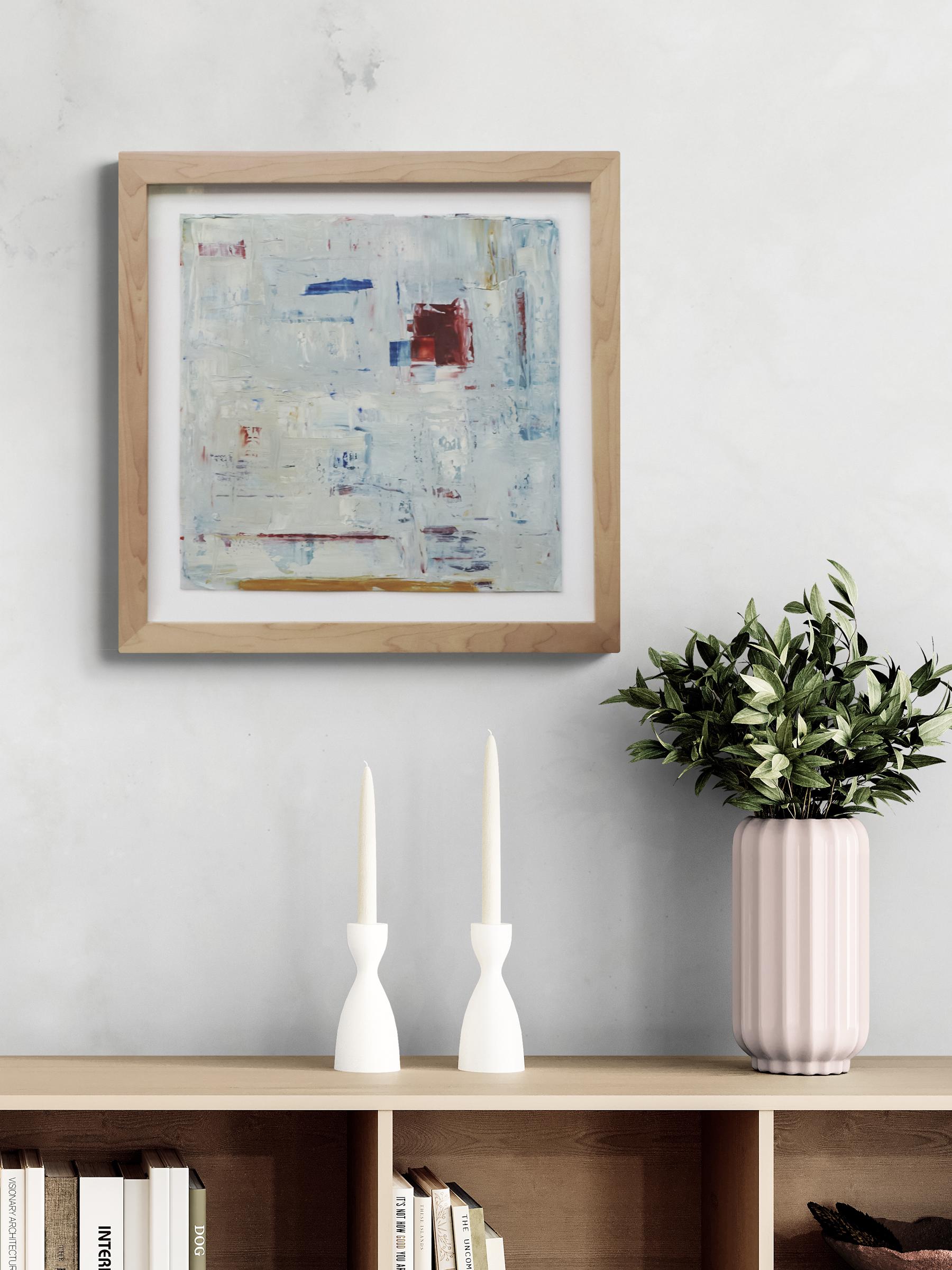 Pittura ad olio astratta originale di metà secolo, arte blu e rossa incorniciata in vendita 1
