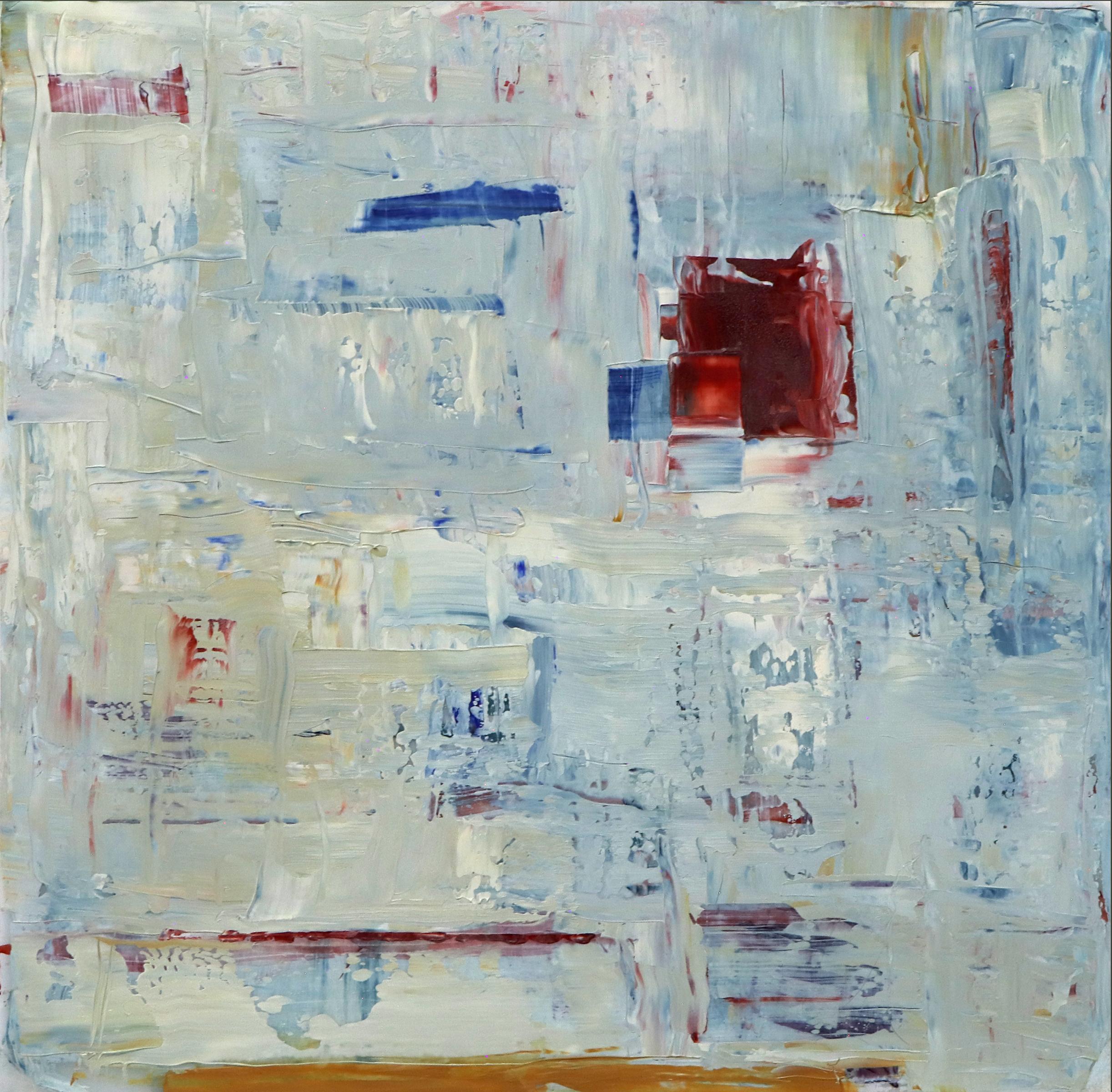 Pittura ad olio astratta originale di metà secolo, arte blu e rossa incorniciata - Painting di Wilma Fiori