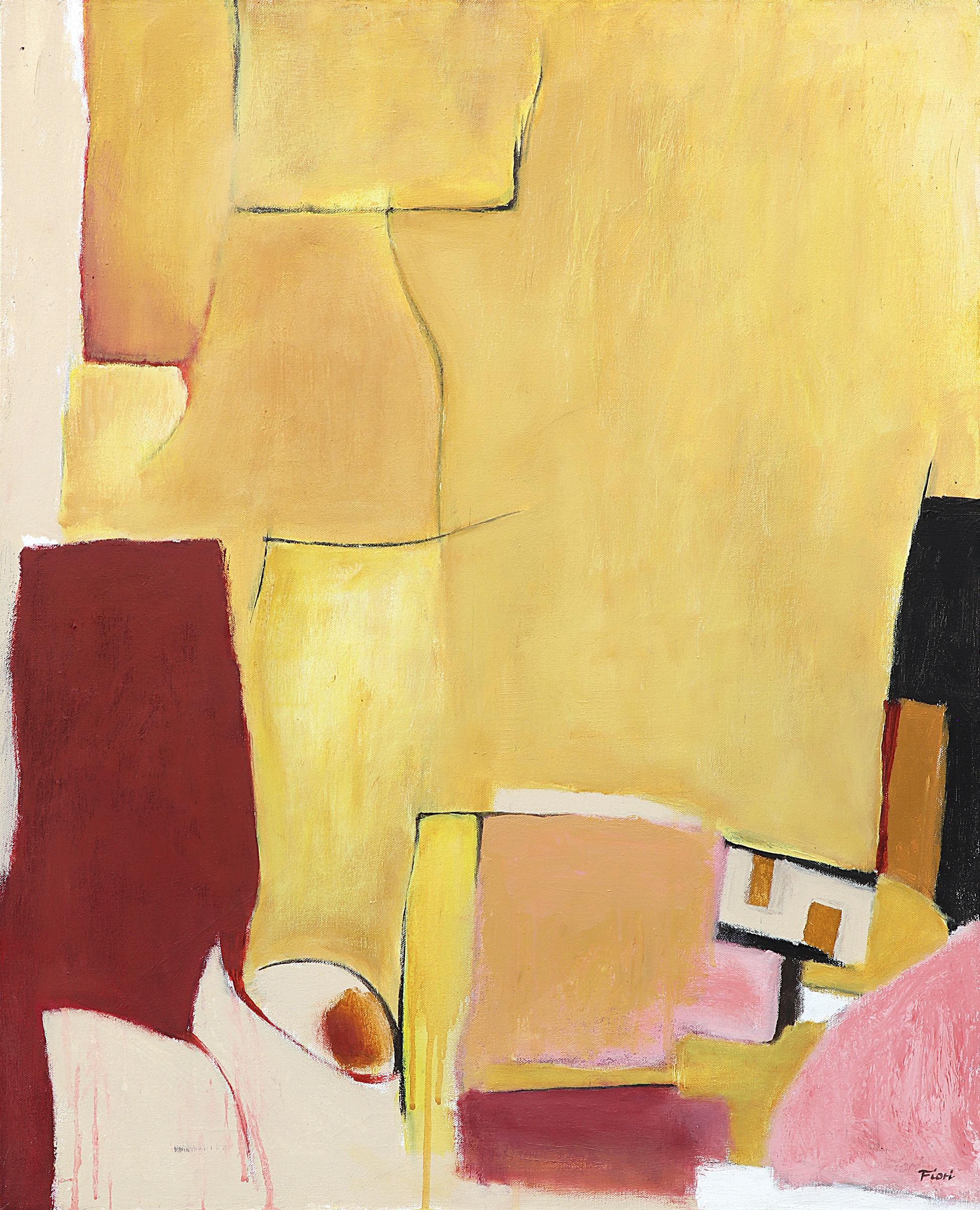 Peinture à l'huile sur toile Mesa Verde, paysage abstrait, jaune, rose, or, années 1980 - Painting de Wilma Fiori