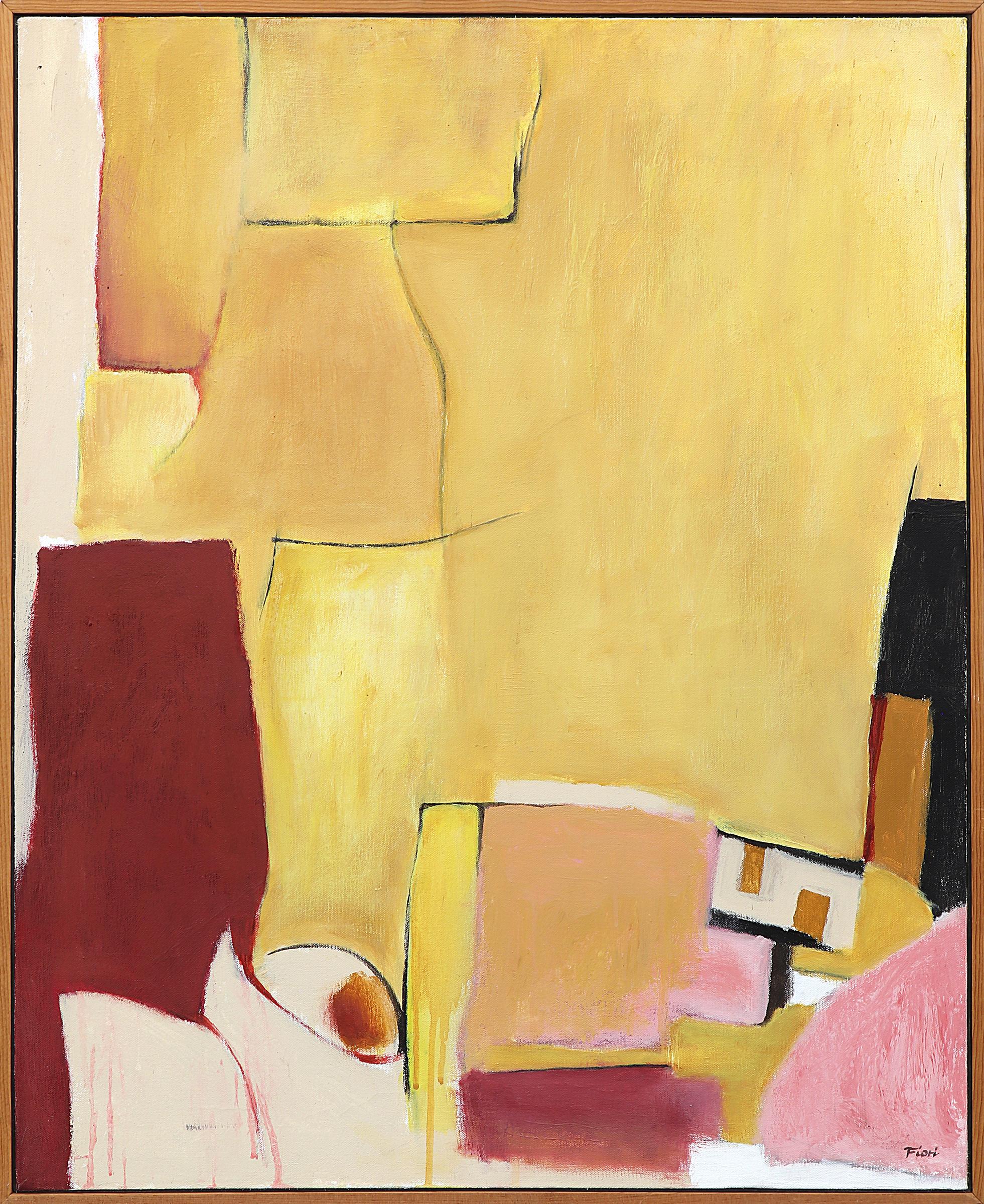 Landscape Painting Wilma Fiori - Peinture à l'huile sur toile Mesa Verde, paysage abstrait, jaune, rose, or, années 1980