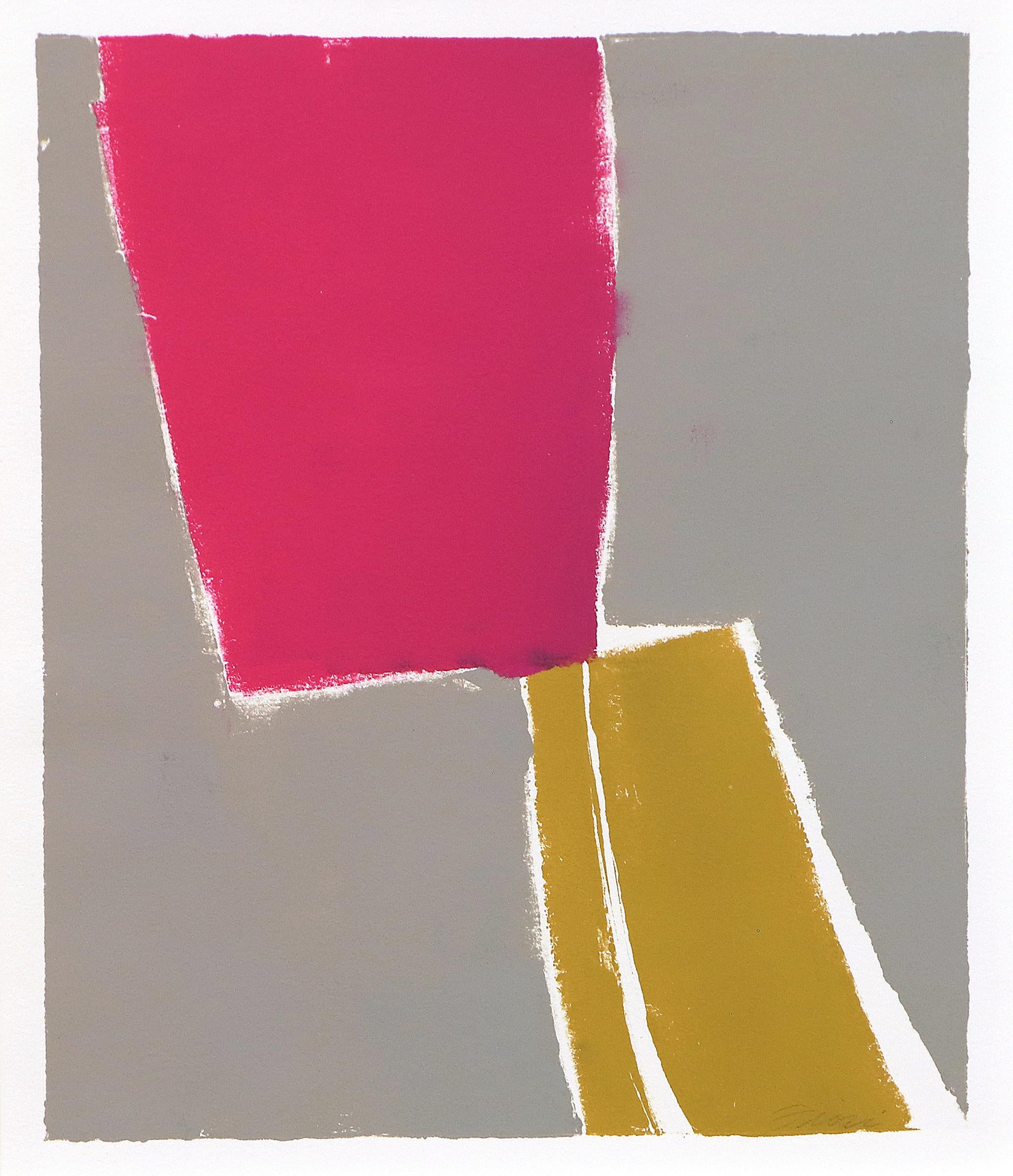 Originale stampa monotipo astratta vibrante d'epoca - rosa, grigio, giallo su carta - Print di Wilma Fiori