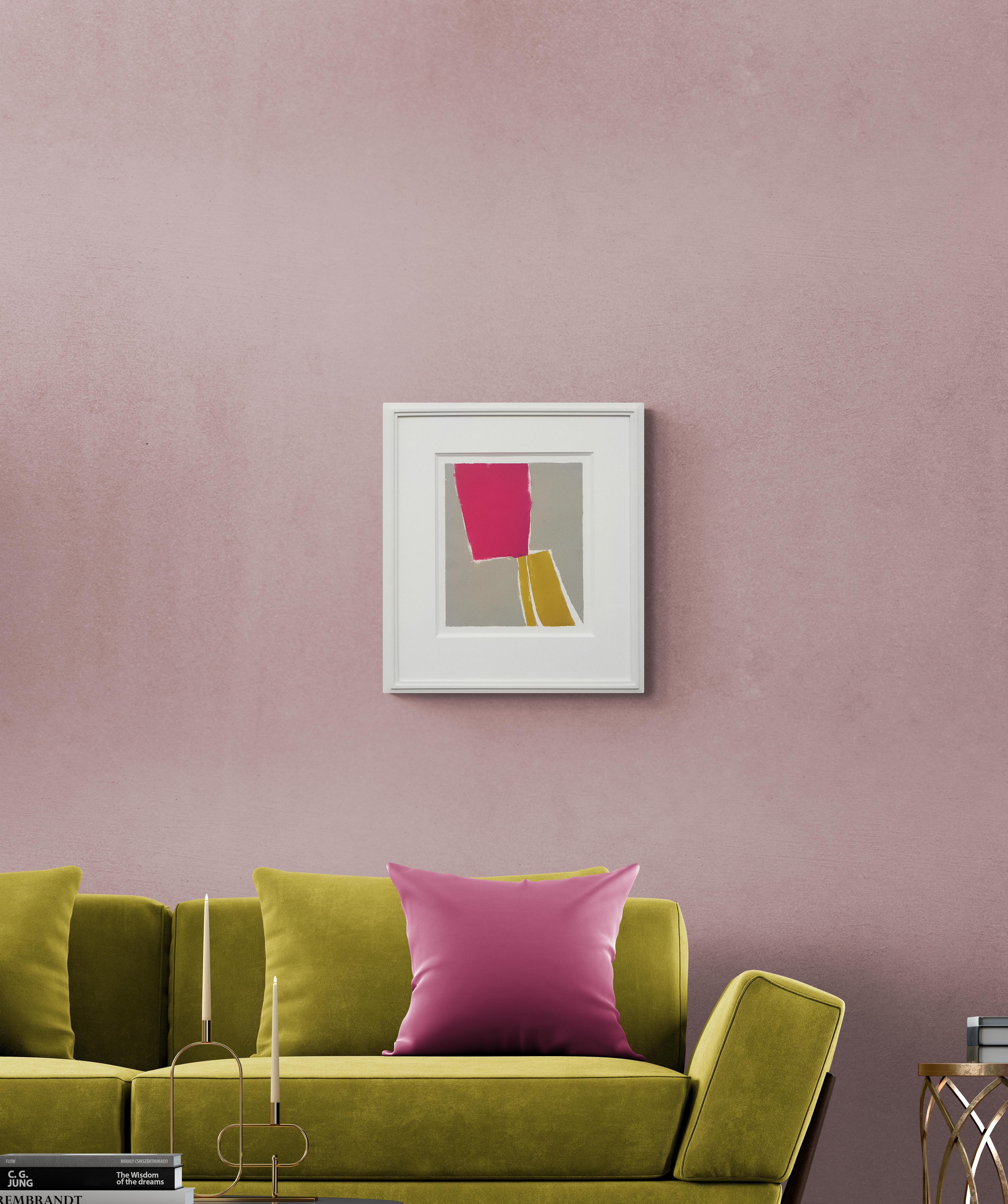 Originale stampa monotipo astratta vibrante d'epoca - rosa, grigio, giallo su carta - Print Astratto di Wilma Fiori