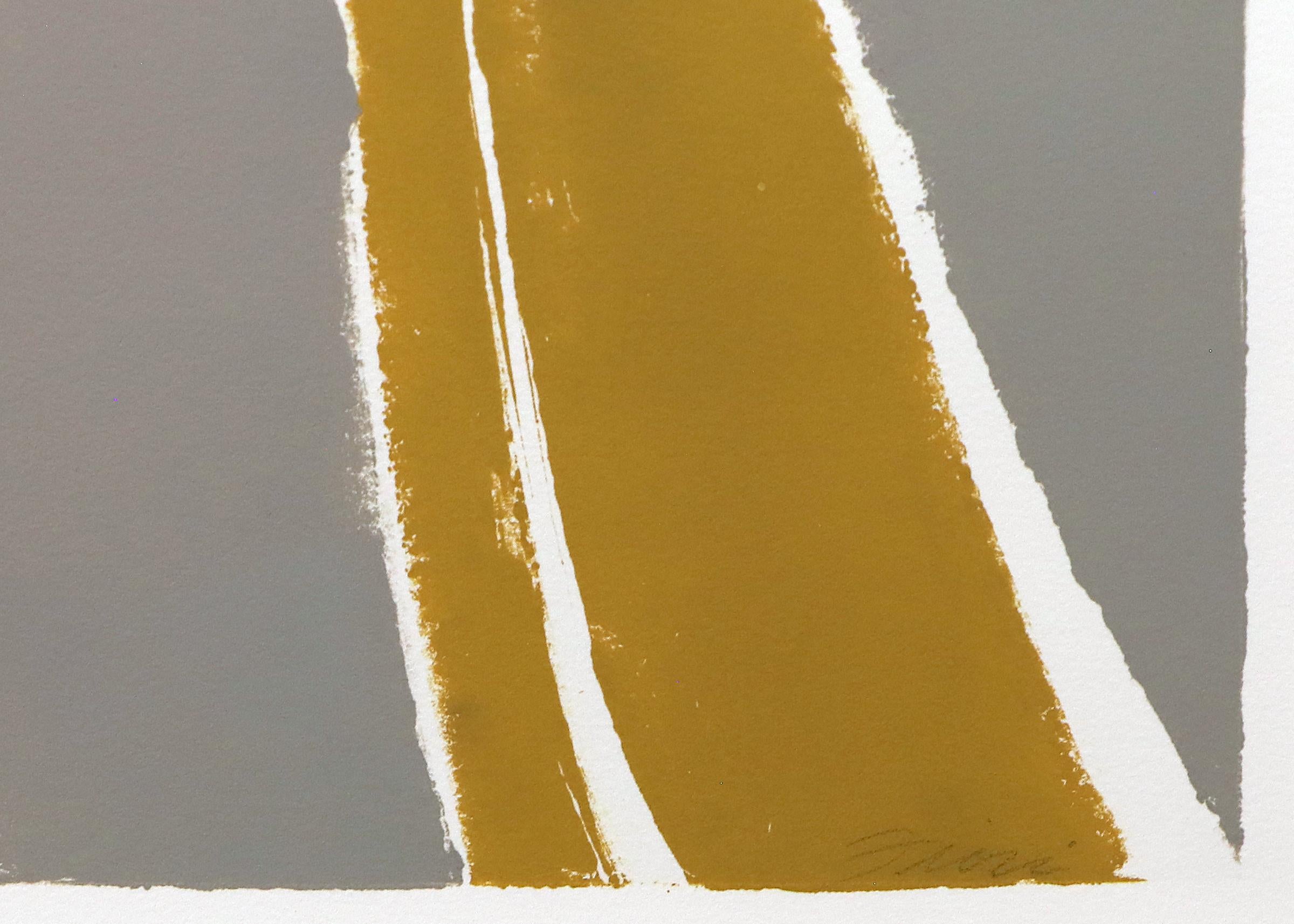 Originale stampa monotipo astratta vibrante d'epoca - rosa, grigio, giallo su carta - Abstract Print Grigio di Wilma Fiori