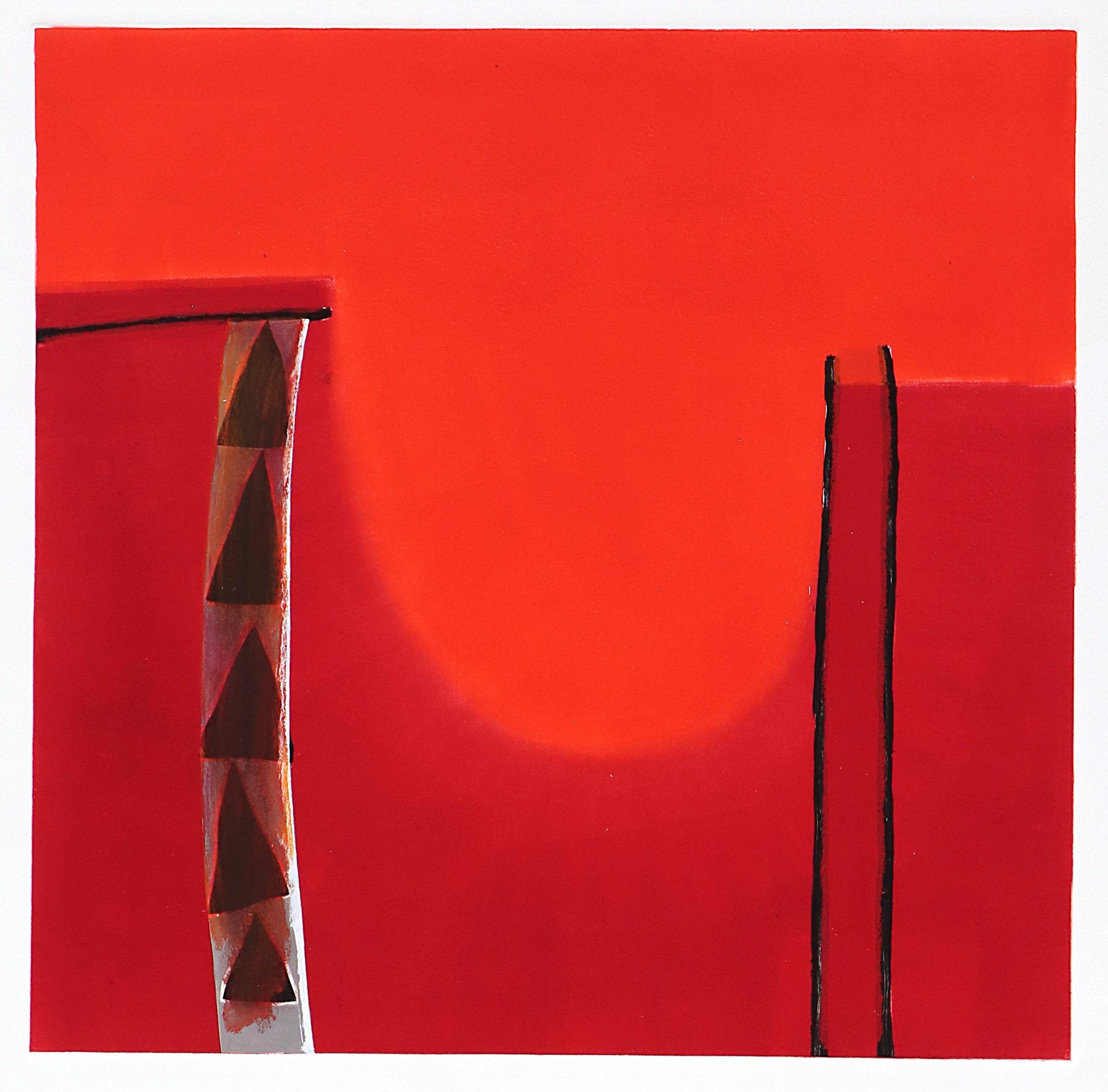 20th Century Monotype, Abstract Red Square with Black Triangles