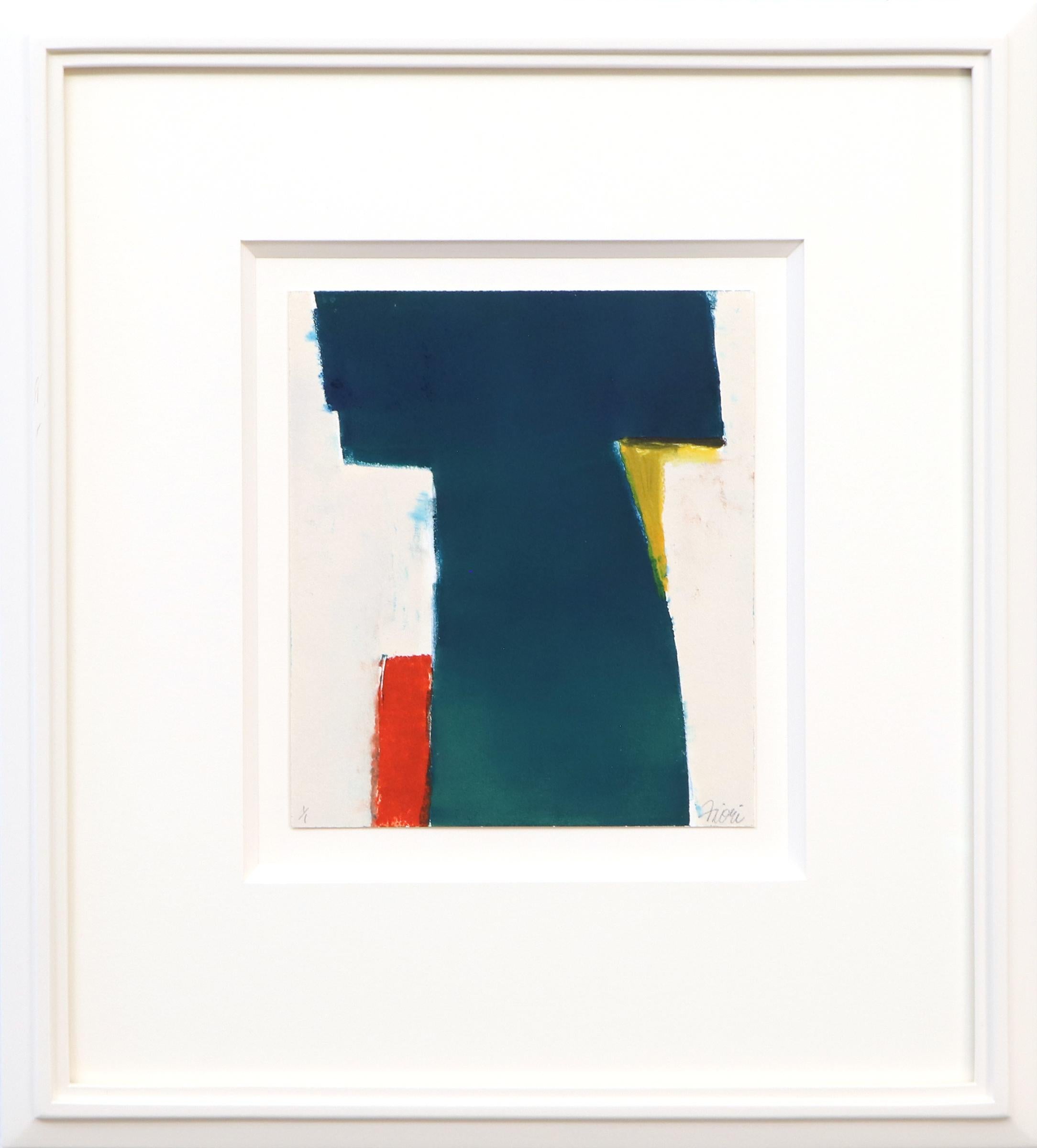 Geometrische abstrakte Monotypie aus den 1990er Jahren in Blau, Rot, Gelb, Grün und Weiß, signiert (Abstrakt), Print, von Wilma Fiori