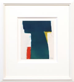 Signed 1990s Geometric Abstract Monotype in Blue, Red, Yellow, Green & White