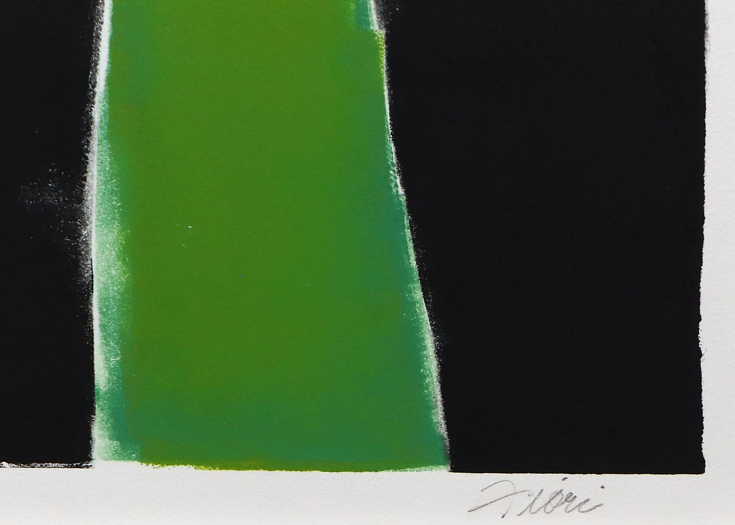 Abstract monotype painting by Colorado woman artist Wilma Fiori (1929-2019).  Abstract composition in deep jewel tones of green, orange, teal and purple on a black background.  Monotype (numbered 1/1) printed on paper, signed by the artist lower