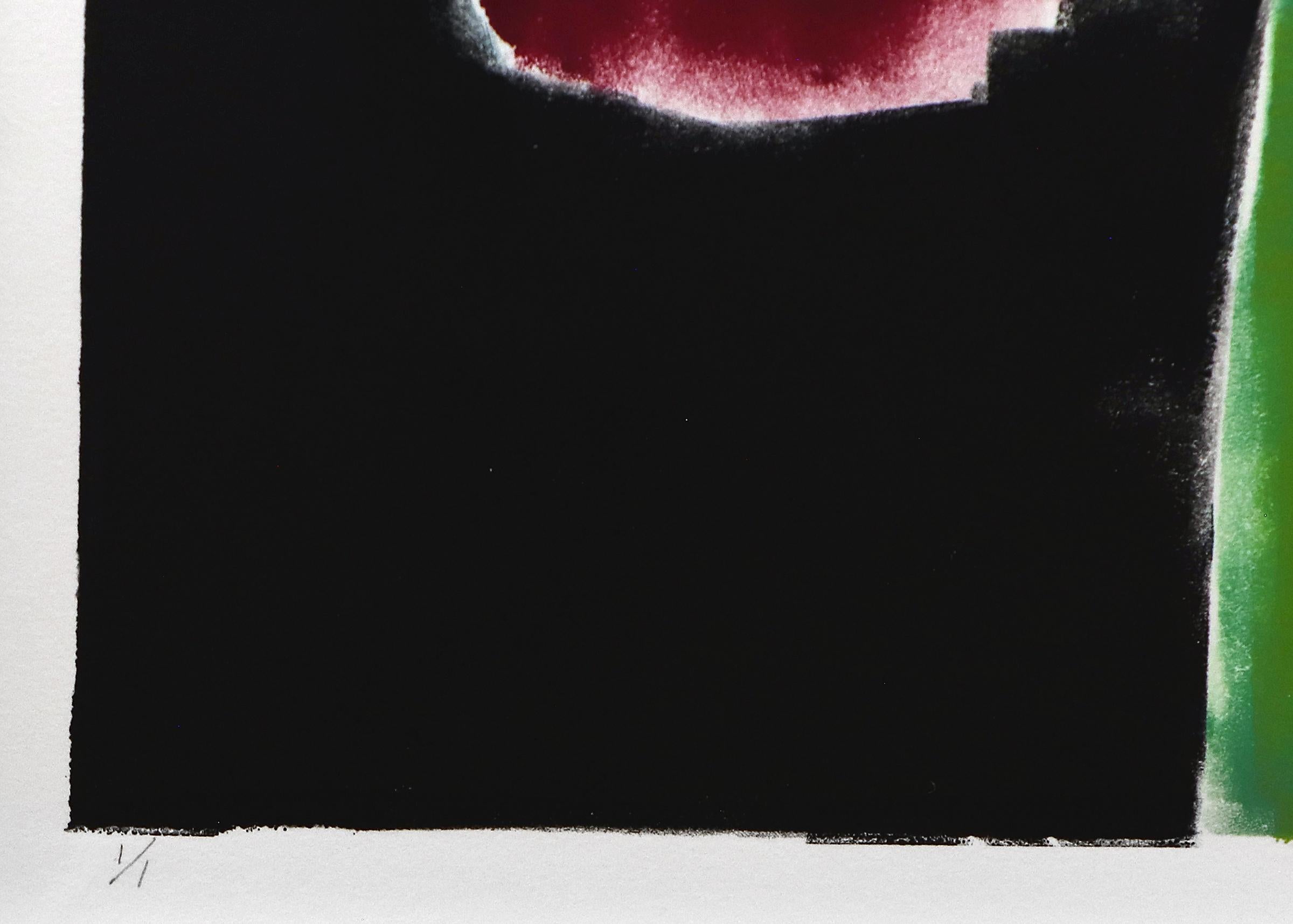 Original Abstract Monotype by Wilma Fiori – Jewel Tones on Black, Signed Print For Sale 3