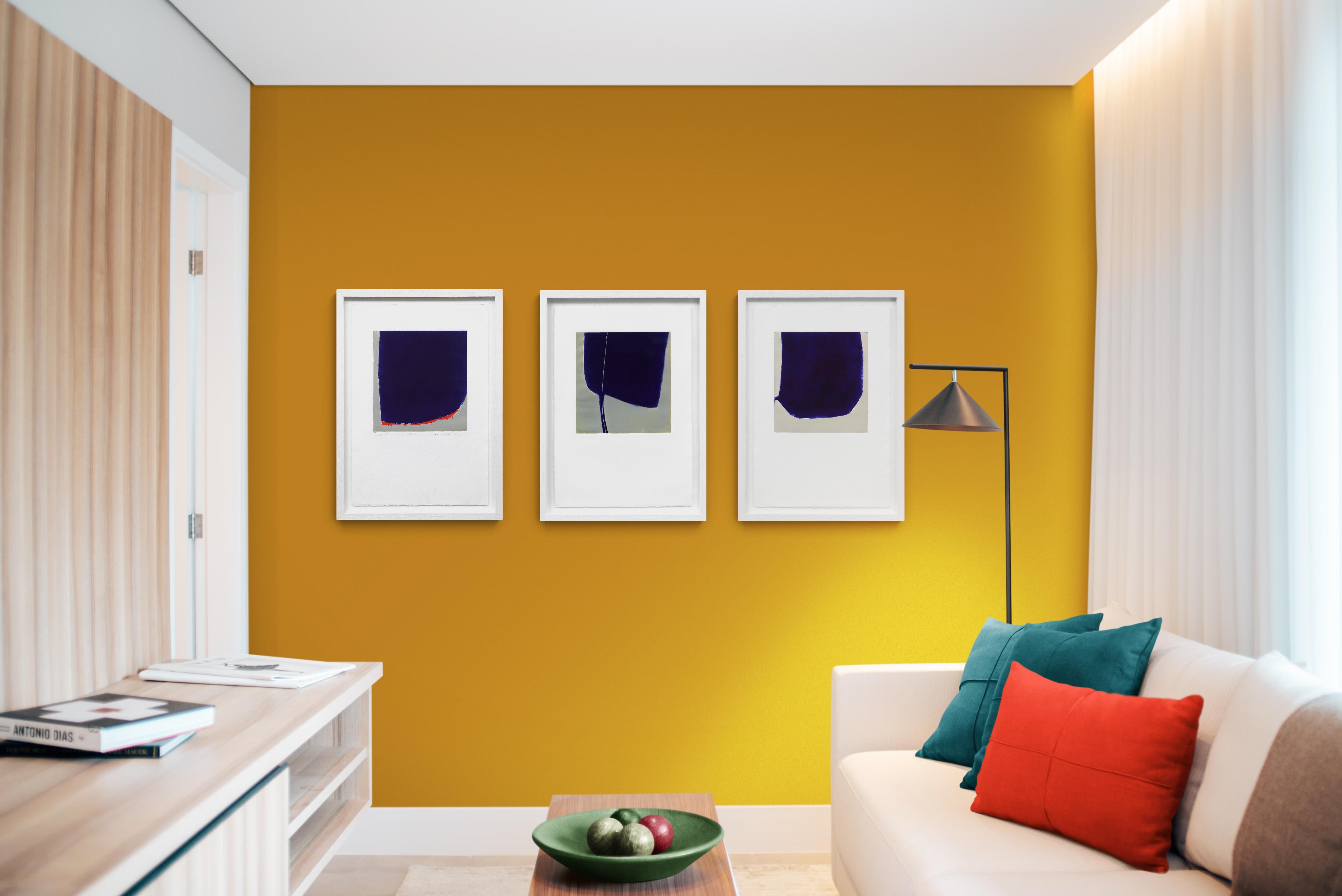 Abstrakte abstrakte Bilder in Blau, Grau, Weiß und Rot, Triptychon aus 3 original gerahmten Monotypien – Print von Wilma Fiori
