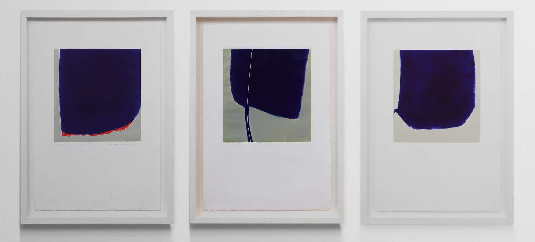 Modern Minimalist Abstracts in Blue, Gray, White & Red – 3 Framed Monotypes