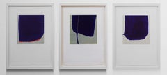 Abstrakte abstrakte Bilder in Blau, Grau, Weiß und Rot, Triptychon aus 3 original gerahmten Monotypien