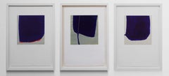 Modern Minimalist Abstracts in Blue, Gray, White & Red – 3 Framed Monotypes