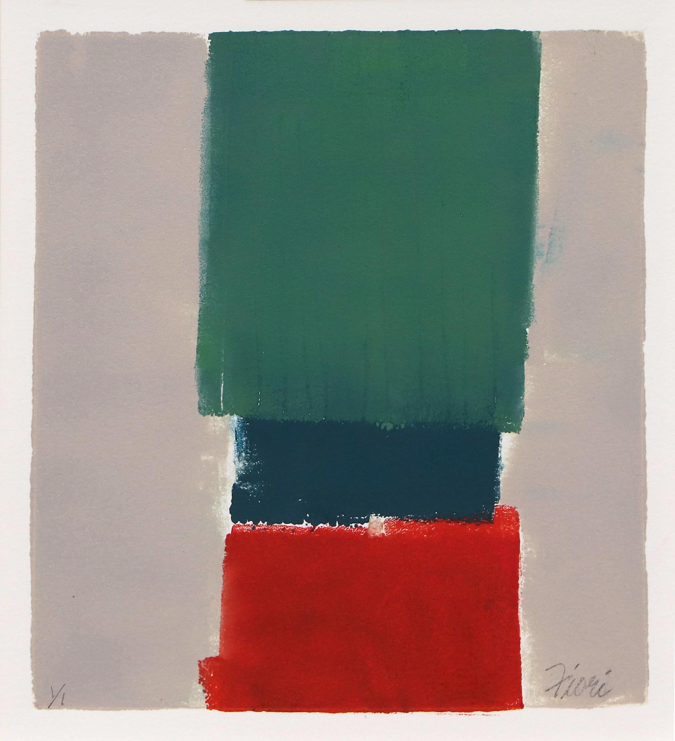 Abstract monotype on paper featuring red, green, and blue rectangles on a gray background by Wilma Fiori (1929-2019). Presented in a custom frame with all archival materials measuring 15 3⁄4 x 14 1⁄2 x 1 inches. Image measures 7 x 6 1⁄2 inches.