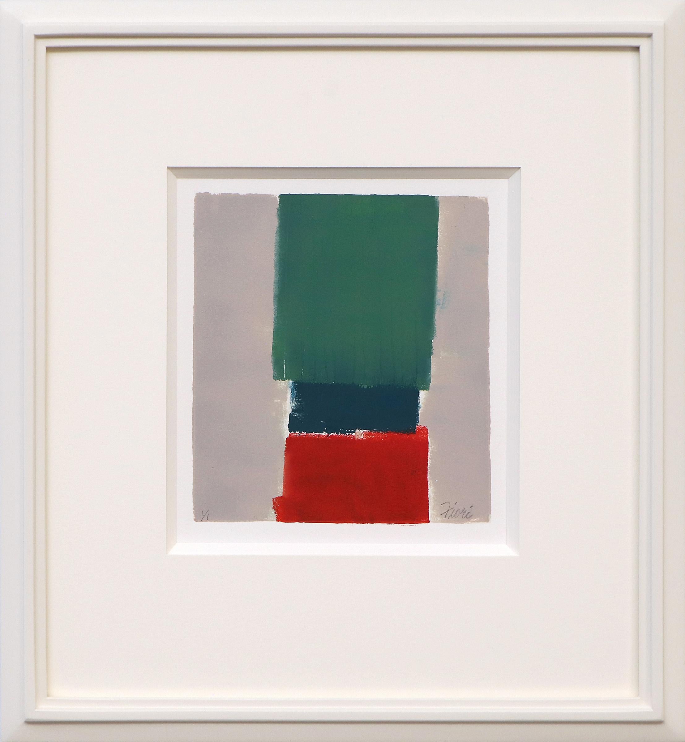 Framed Vintage Abstract Monotype with Rectangles in Gray, Blue, Red, and Green 