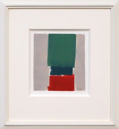 Framed Vintage Abstract Monotype with Rectangles in Gray, Blue, Red, and Green 
