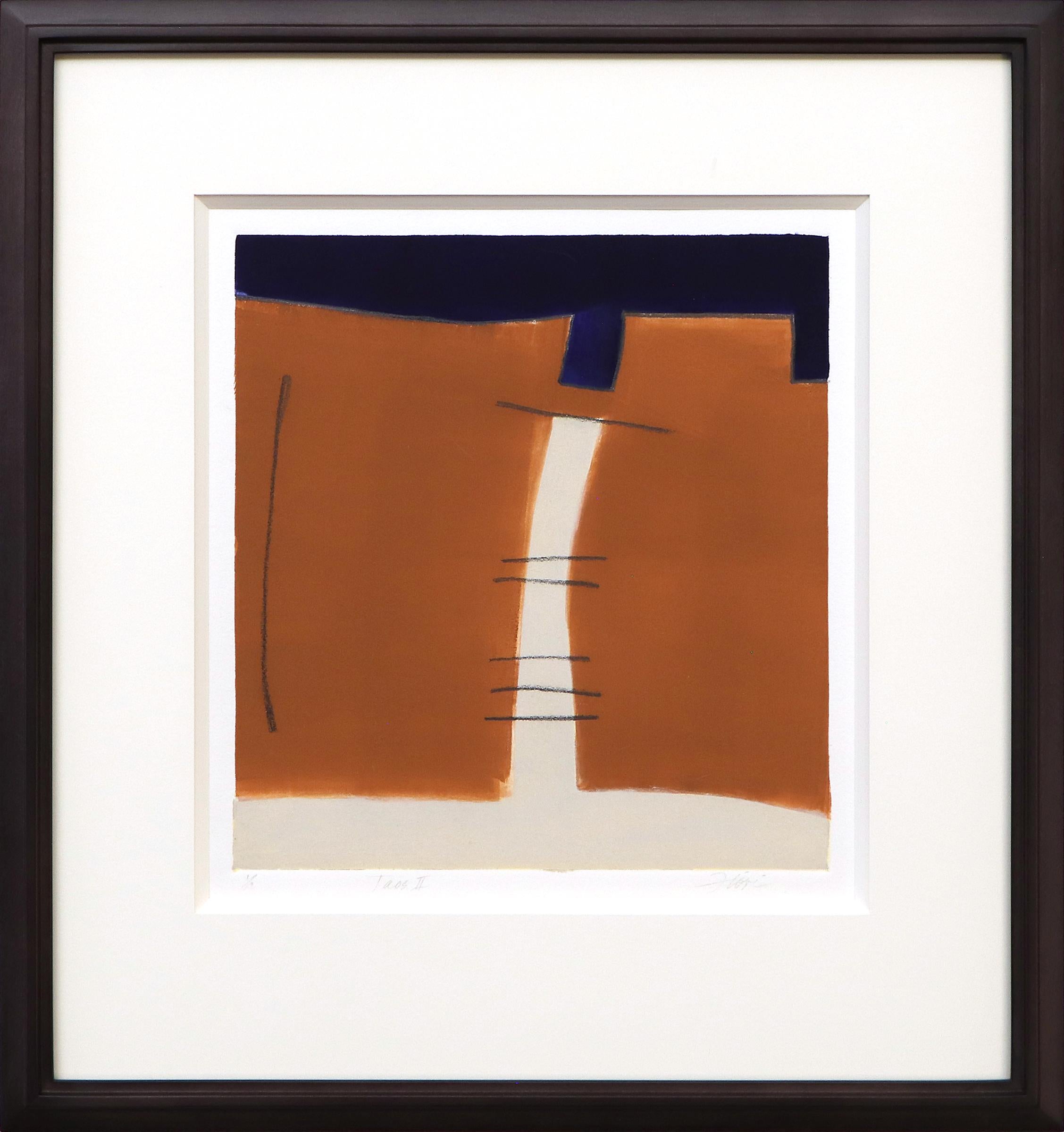 Wilma Fiori Abstract Print - Taos II , Framed Abstract Monotype in Blue, Brown and Black