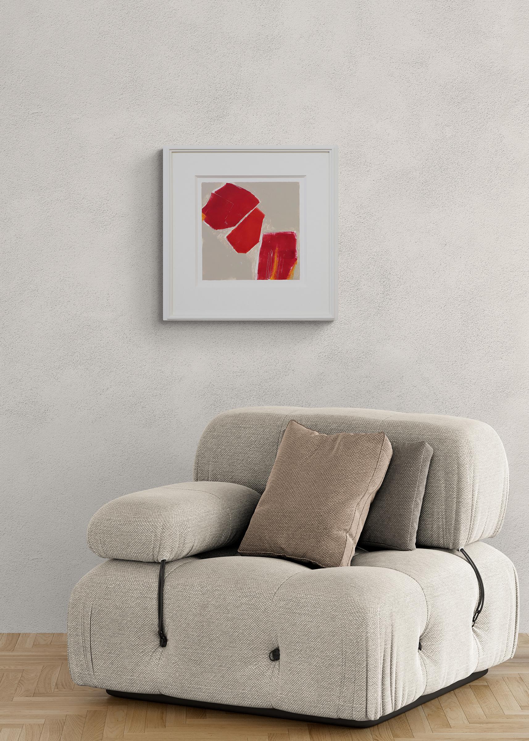 Monotype, ink on paper, featuring an abstract red and beige composition by Wilma Fiori (1929-2019). Presented in a custom frame with all archival materials measuring 20 x 19 1⁄2 x 1 inches. Original image is 10 3⁄4 x 10 3⁄4 inches.

Print is in good