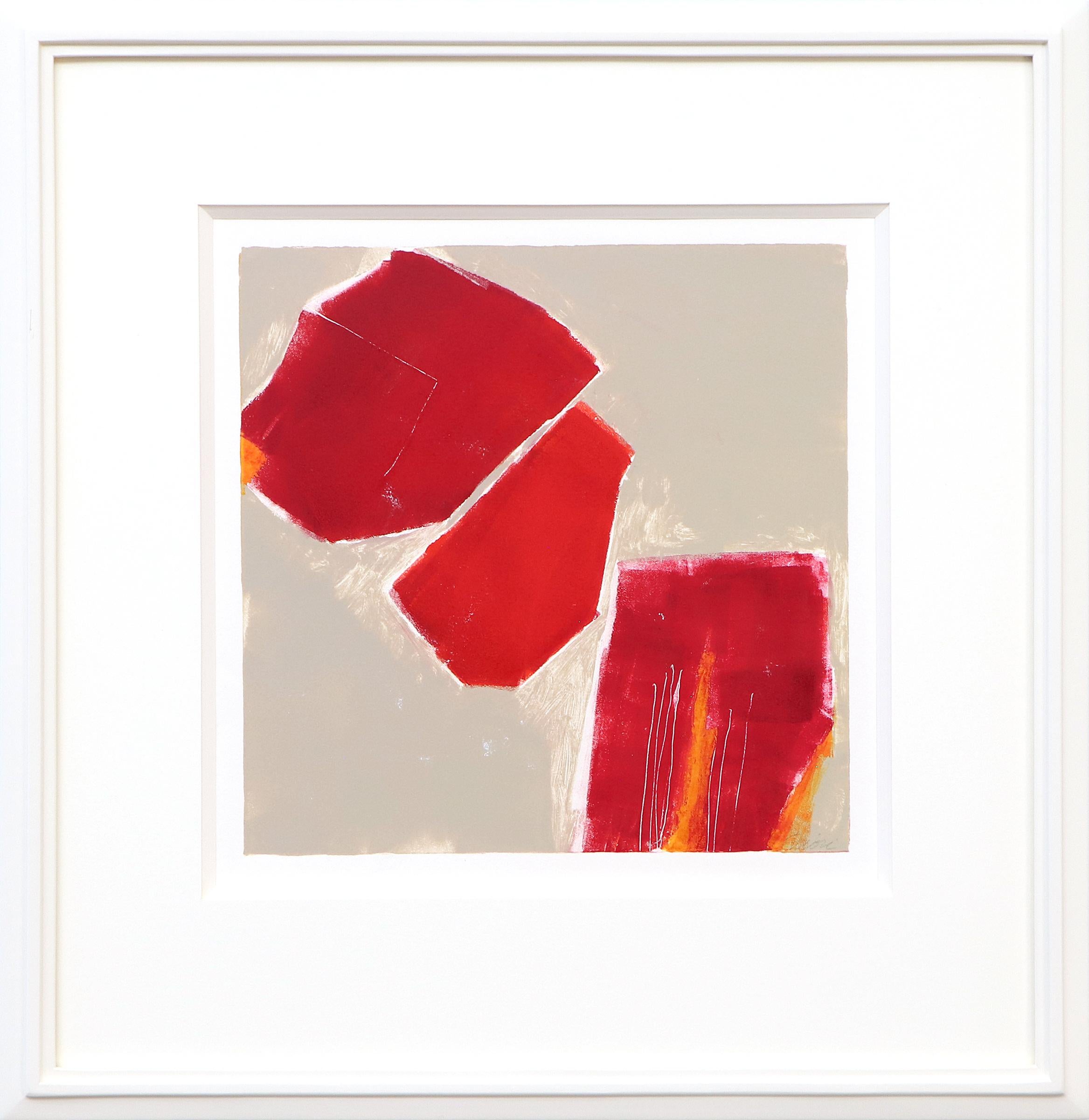 Vintage Framed Abstract Red and Beige Composition, Monotype on Paper 