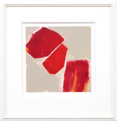 Composition abstraite rouge et beige encadrée, monotype sur papier 